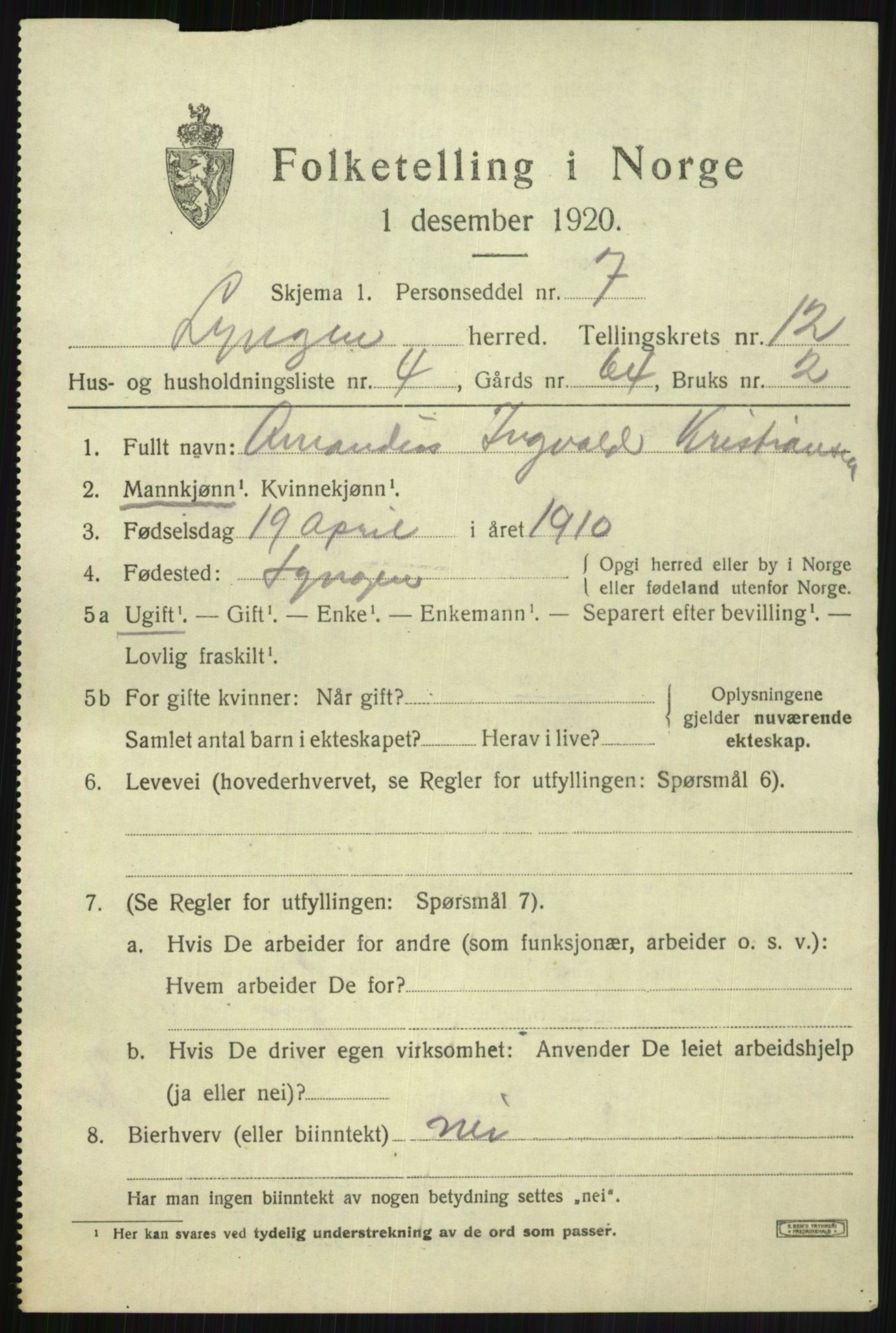 SATØ, Folketelling 1920 for 1938 Lyngen herred, 1920, s. 9095
