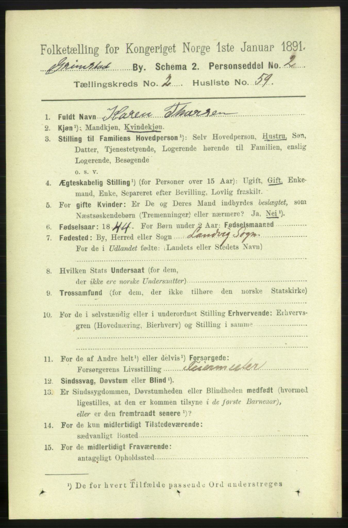 RA, Folketelling 1891 for 0904 Grimstad kjøpstad, 1891, s. 1905