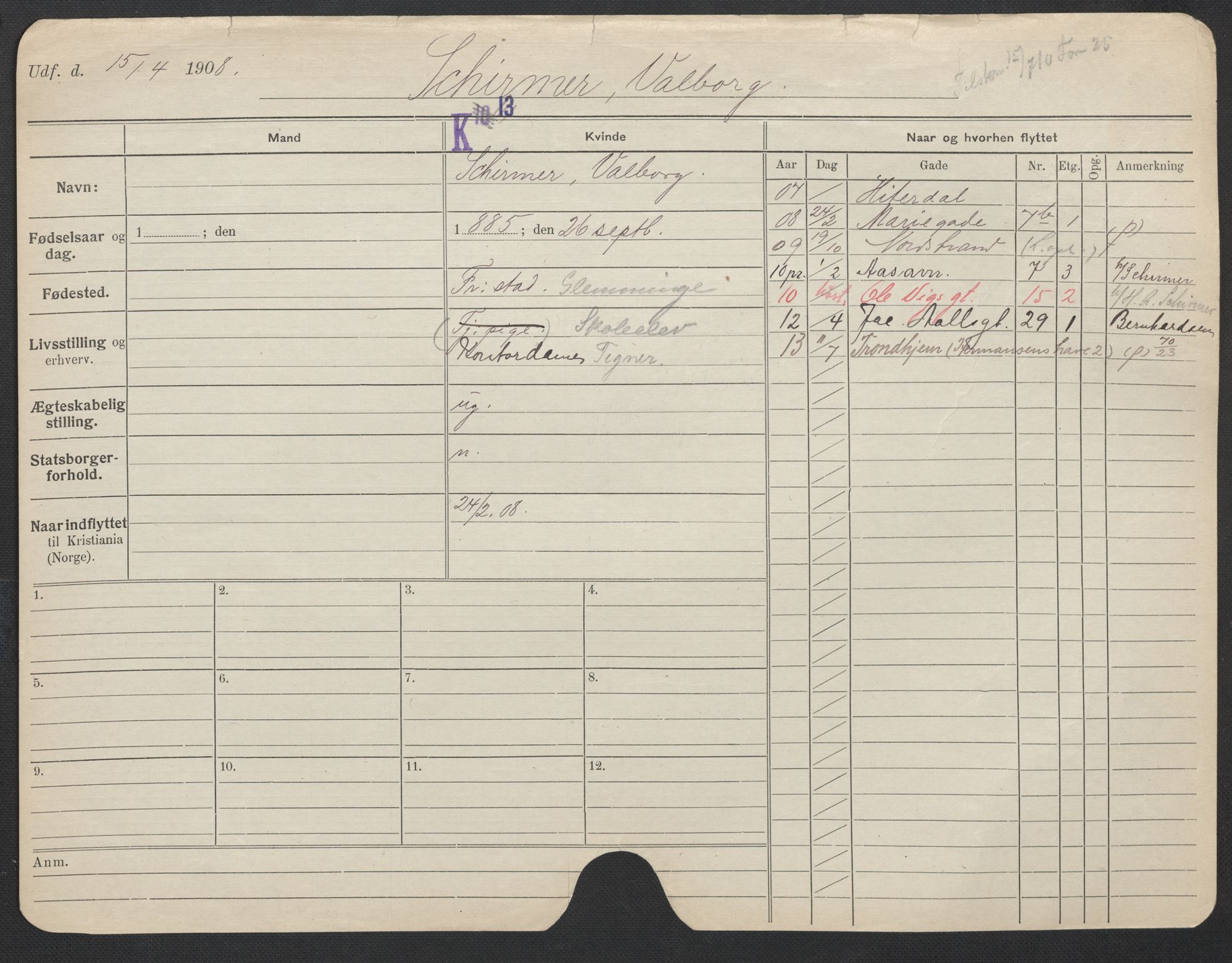 Oslo folkeregister, Registerkort, AV/SAO-A-11715/F/Fa/Fac/L0023: Kvinner, 1906-1914, s. 900a