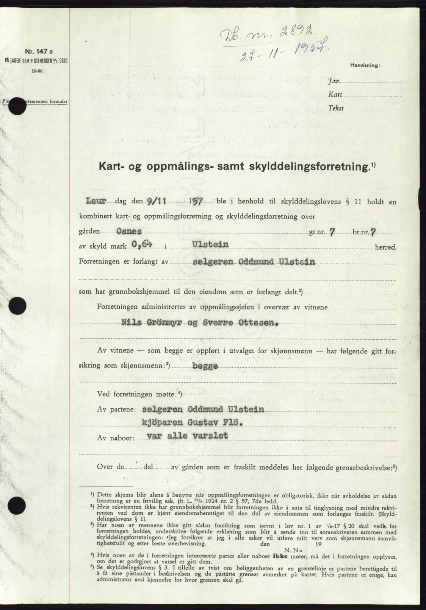 Søre Sunnmøre sorenskriveri, AV/SAT-A-4122/1/2/2C/L0108: Pantebok nr. 34A, 1957-1958, Dagboknr: 2892/1957