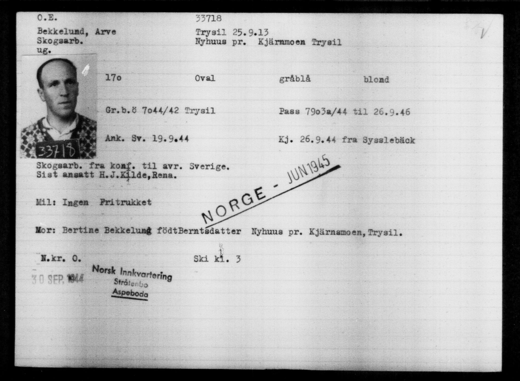Utenriksstasjonene, Legasjonen i Stockholm, Flyktningkontoret, AV/RA-S-6753/V/Va/L0013: Kjesäterkartoteket, flyktninger med registreringsnr. 31500-34731, 1940-1945, s. 2339
