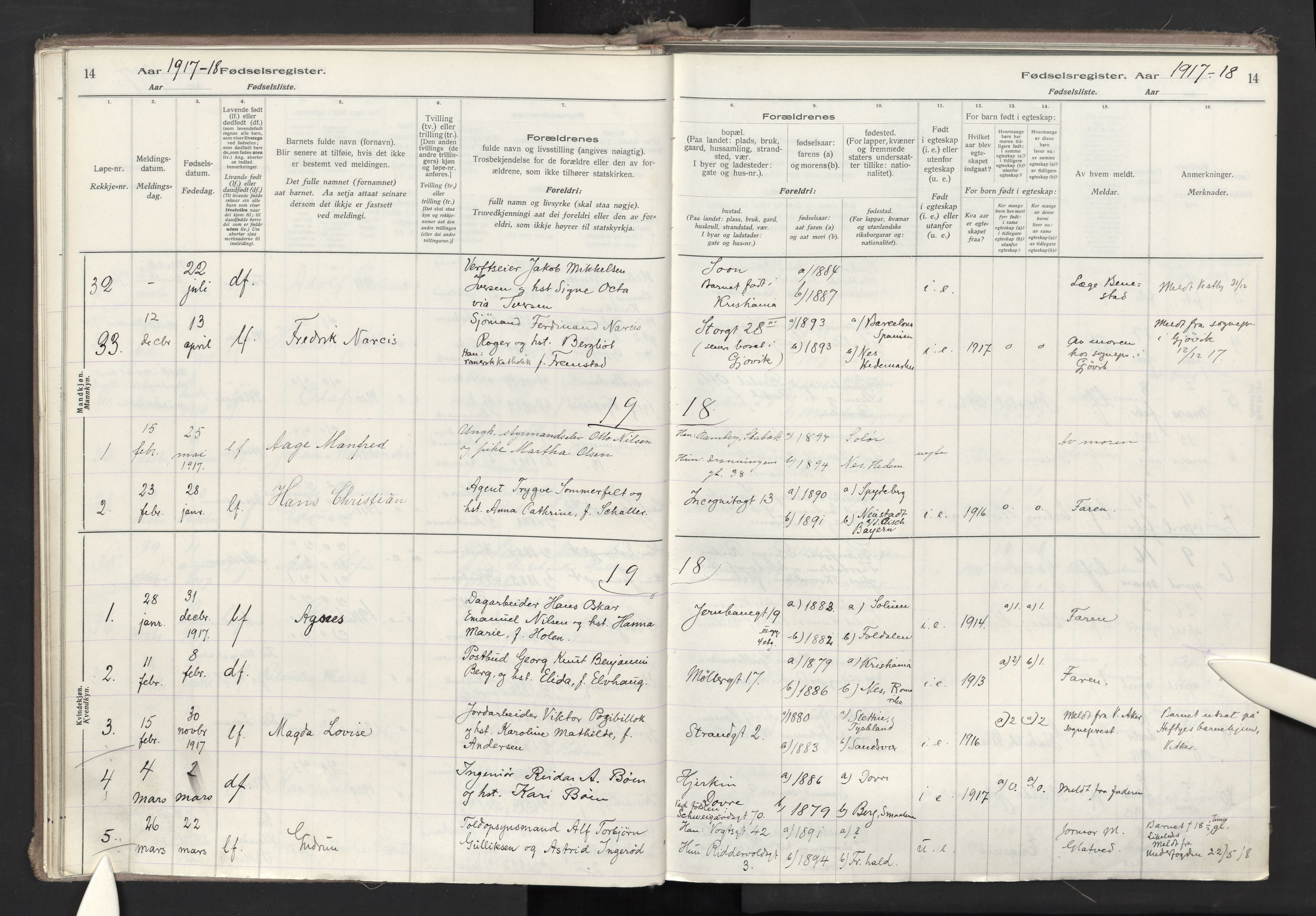 Oslo domkirke Kirkebøker, SAO/A-10752/J/Ja/L0001: Fødselsregister nr. 1, 1916-1941, s. 14