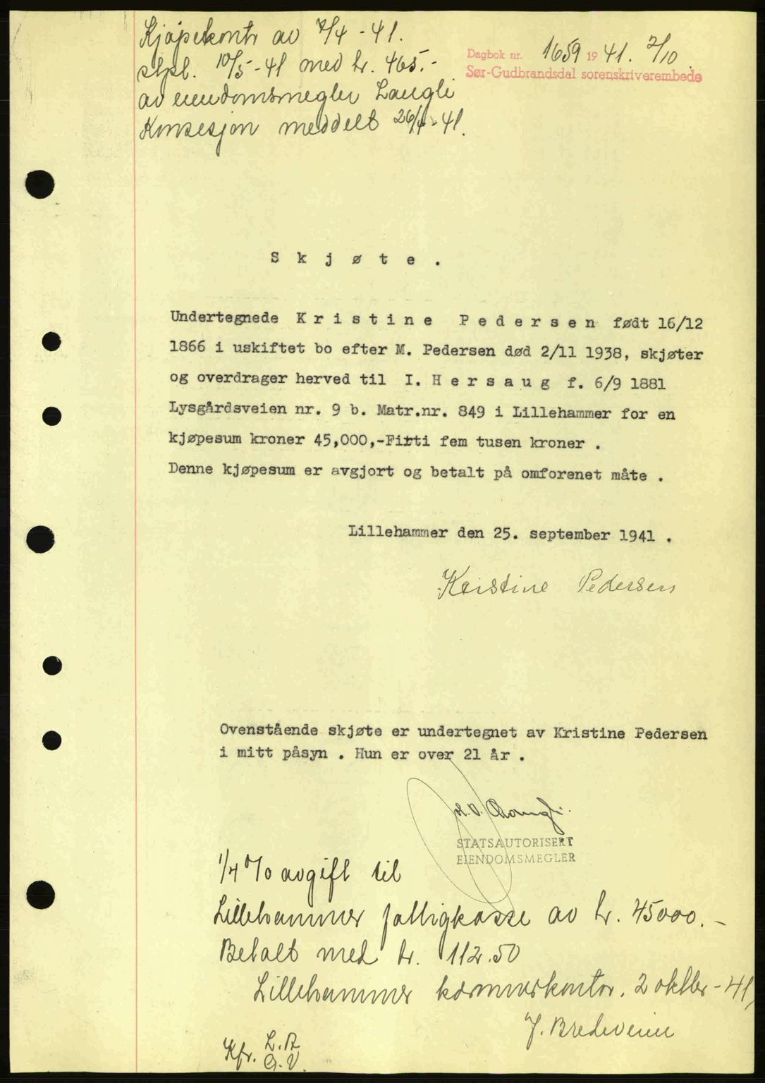 Sør-Gudbrandsdal tingrett, SAH/TING-004/H/Hb/Hbd/L0009: Pantebok nr. A9, 1941-1941, Dagboknr: 1659/1941