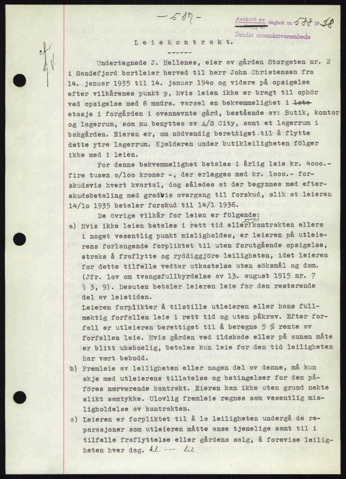 Sandar sorenskriveri, SAKO/A-86/G/Ga/Gab/L0001: Pantebok nr. B-1 og B-3 - B-9, 1936-1944, Dagboknr: 588/1938