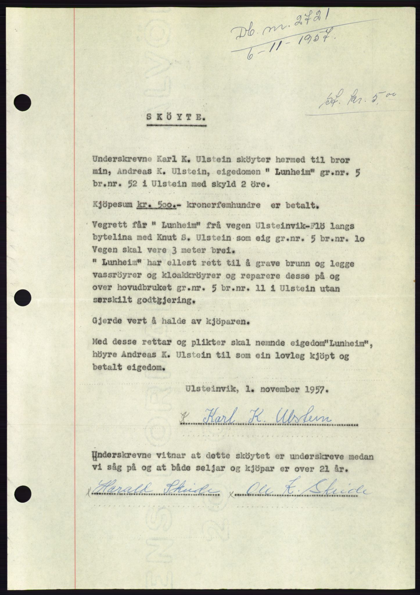 Søre Sunnmøre sorenskriveri, SAT/A-4122/1/2/2C/L0108: Pantebok nr. 34A, 1957-1958, Dagboknr: 2721/1957