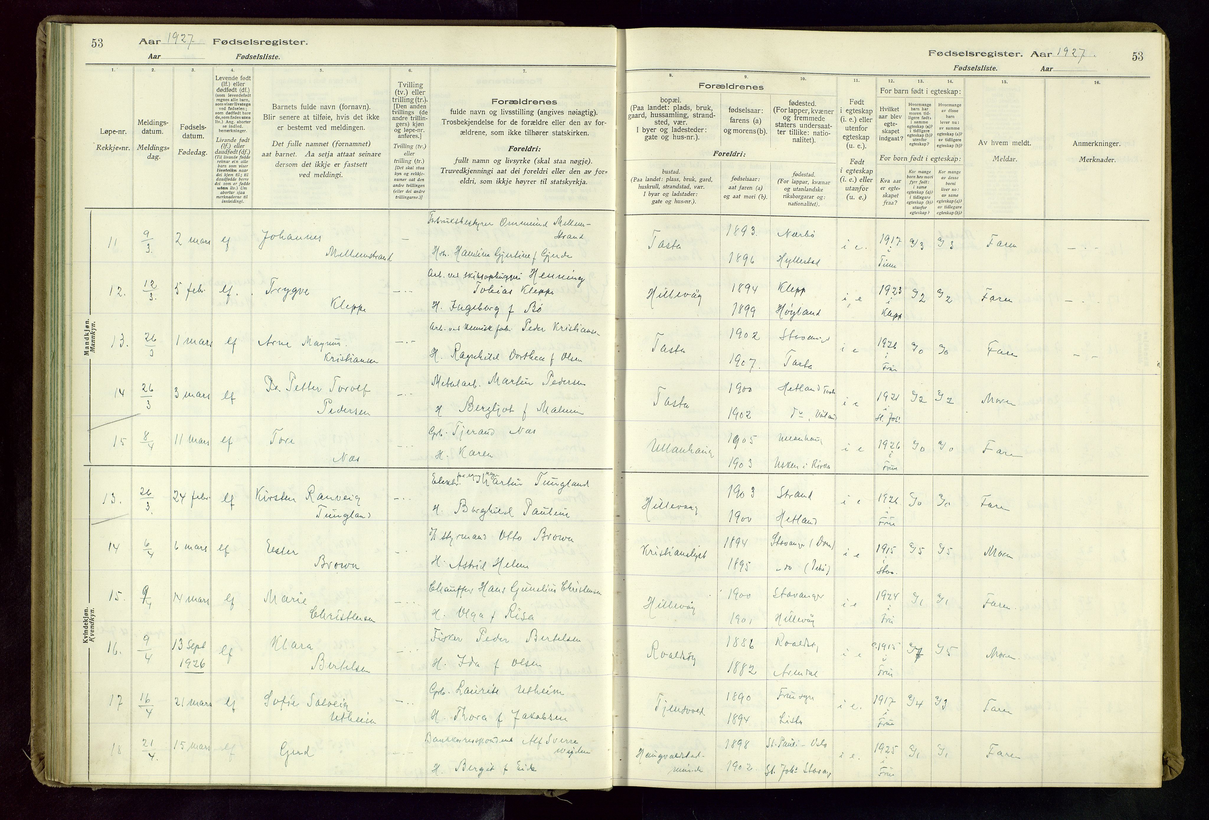 Hetland sokneprestkontor, SAST/A-101826/70/704BA/L0004: Fødselsregister nr. 4, 1923-1937, s. 53