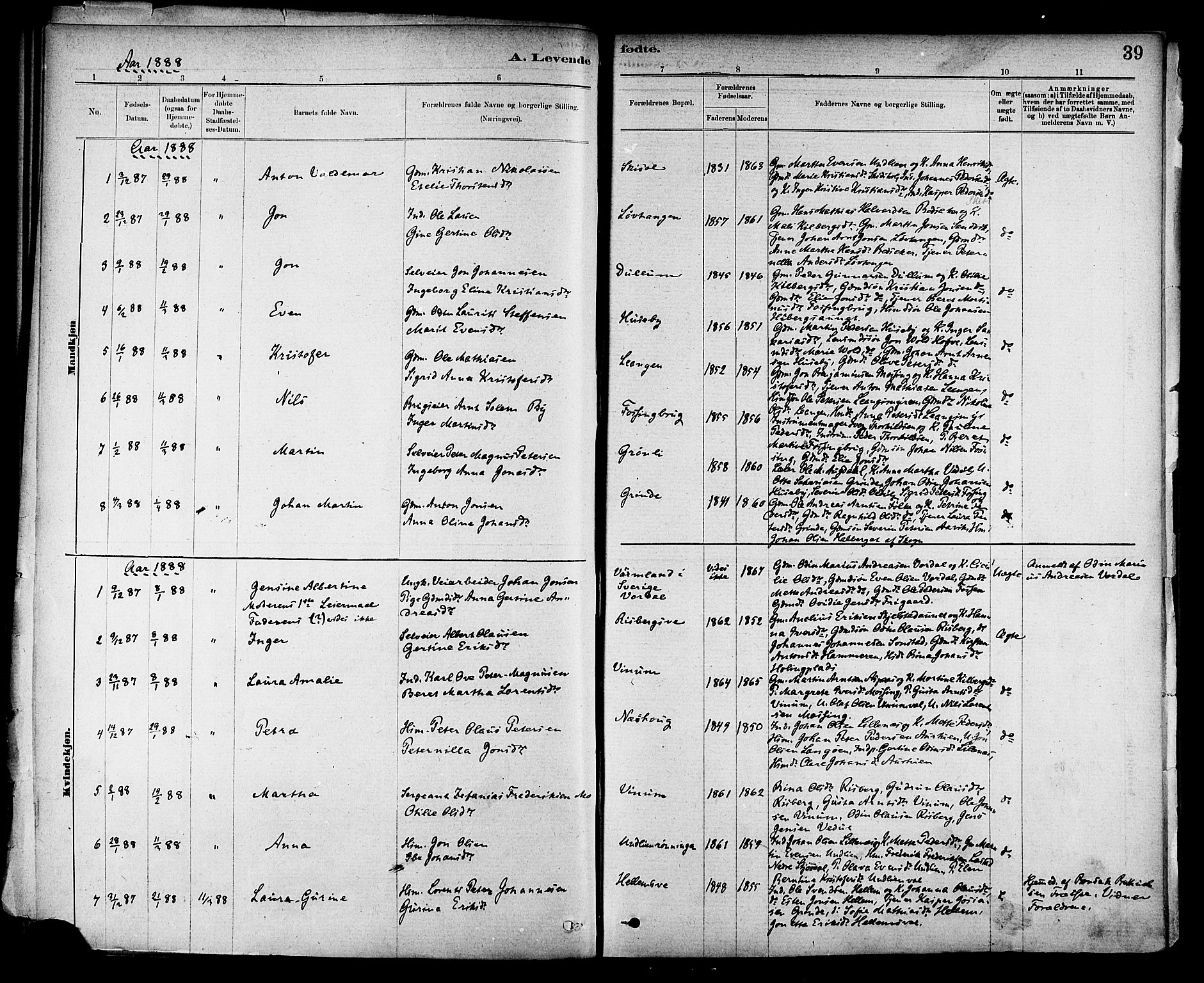 Ministerialprotokoller, klokkerbøker og fødselsregistre - Nord-Trøndelag, SAT/A-1458/714/L0130: Ministerialbok nr. 714A01, 1878-1895, s. 39