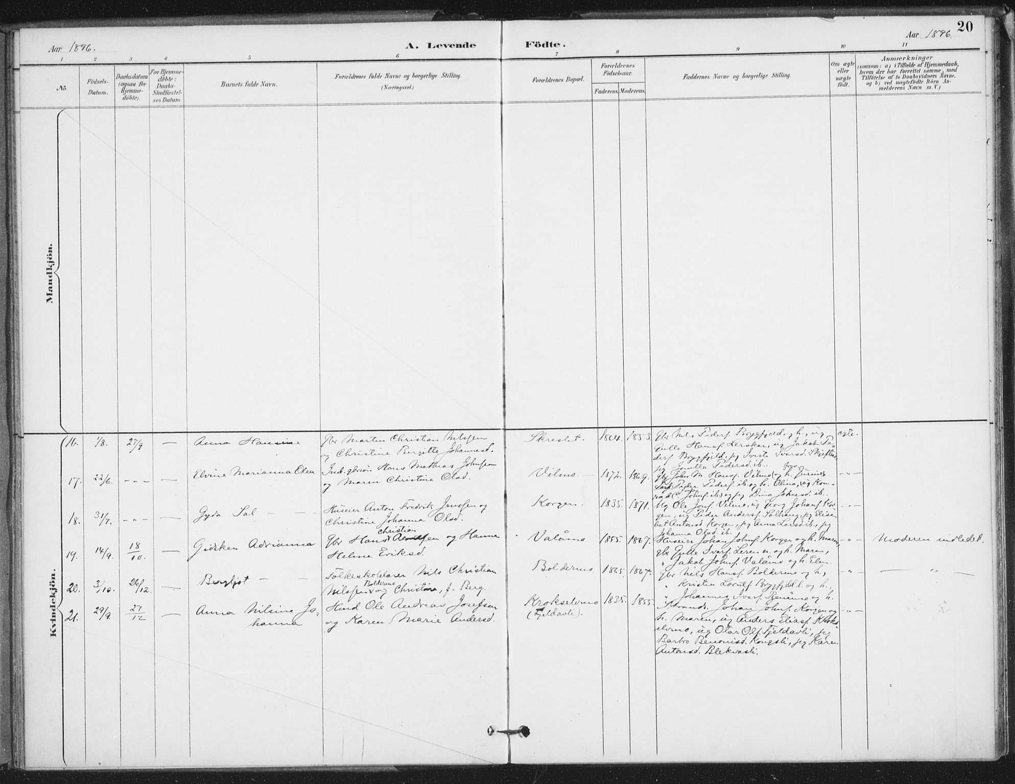 Ministerialprotokoller, klokkerbøker og fødselsregistre - Nordland, SAT/A-1459/826/L0380: Ministerialbok nr. 826A03, 1891-1911, s. 20