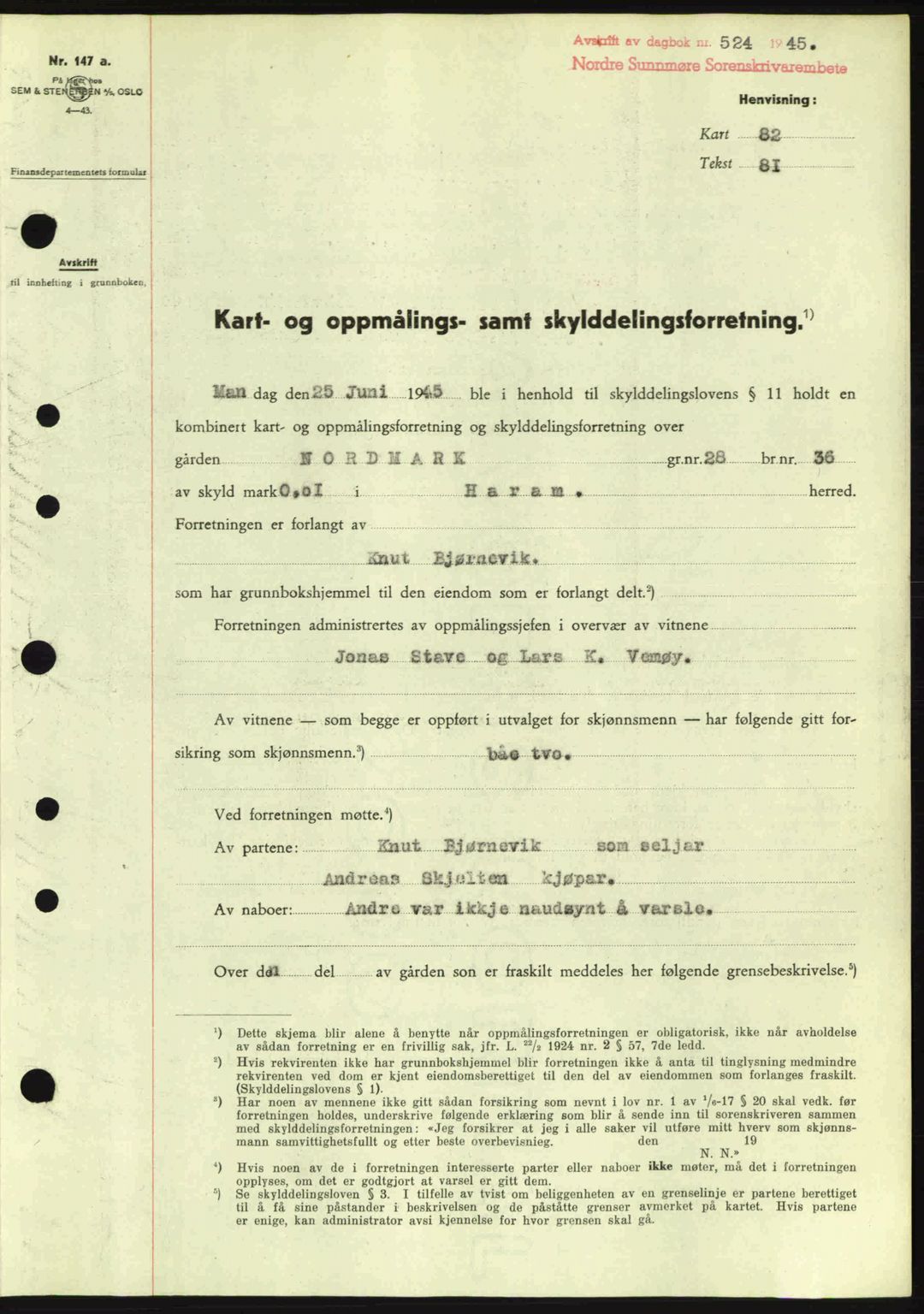 Nordre Sunnmøre sorenskriveri, SAT/A-0006/1/2/2C/2Ca: Pantebok nr. A19, 1944-1945, Dagboknr: 524/1945