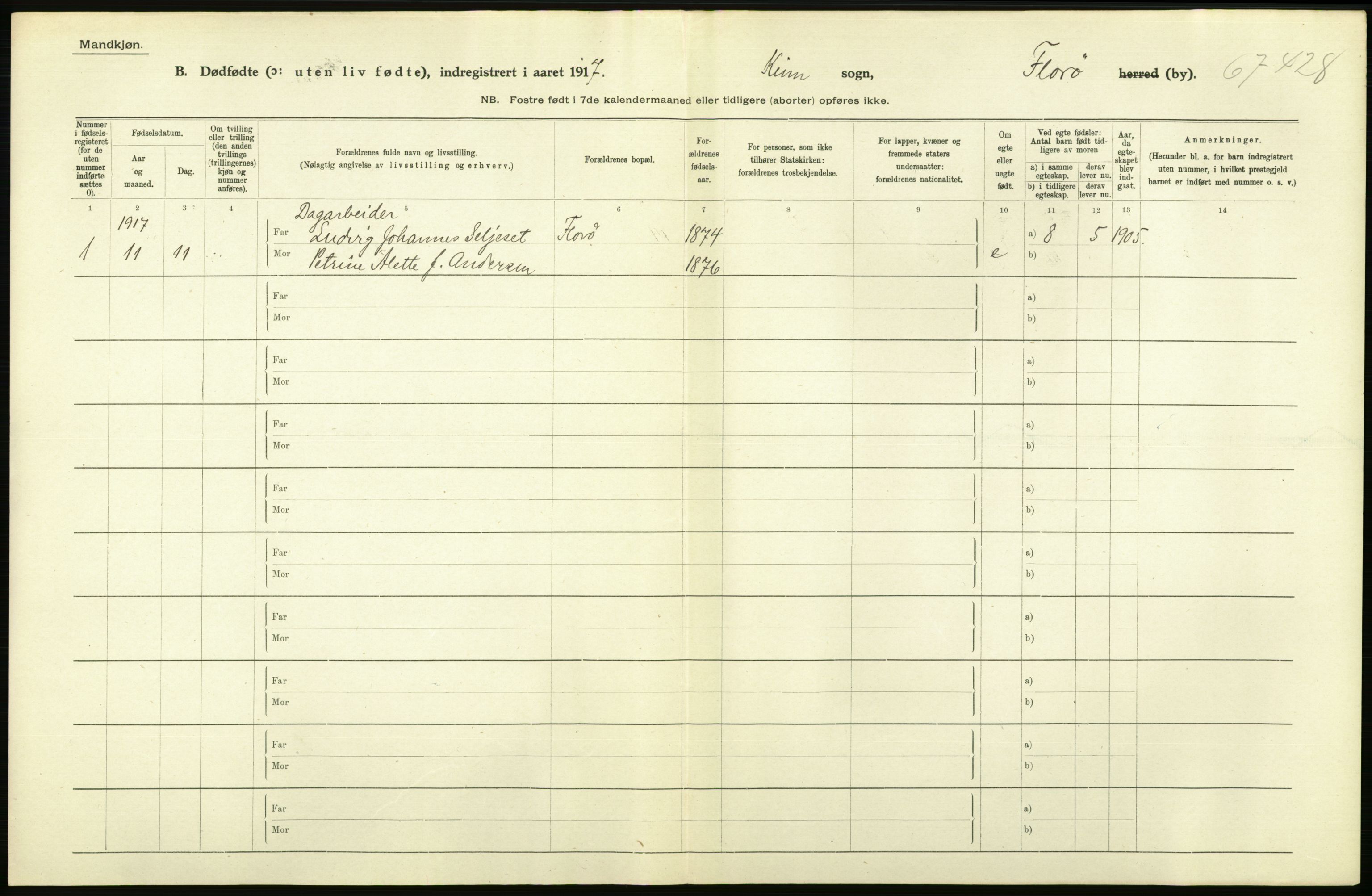 Statistisk sentralbyrå, Sosiodemografiske emner, Befolkning, AV/RA-S-2228/D/Df/Dfb/Dfbg/L0041: Florø by: Levendefødte menn og kvinner, gifte, døde, dødfødte., 1917, s. 18