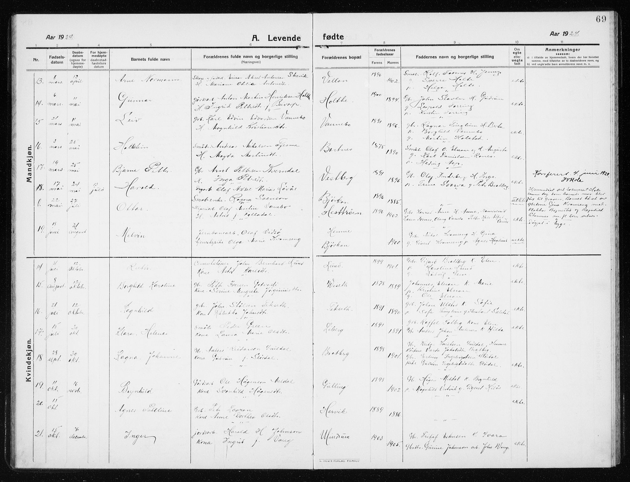 Ministerialprotokoller, klokkerbøker og fødselsregistre - Nord-Trøndelag, SAT/A-1458/741/L0402: Klokkerbok nr. 741C03, 1911-1926, s. 69