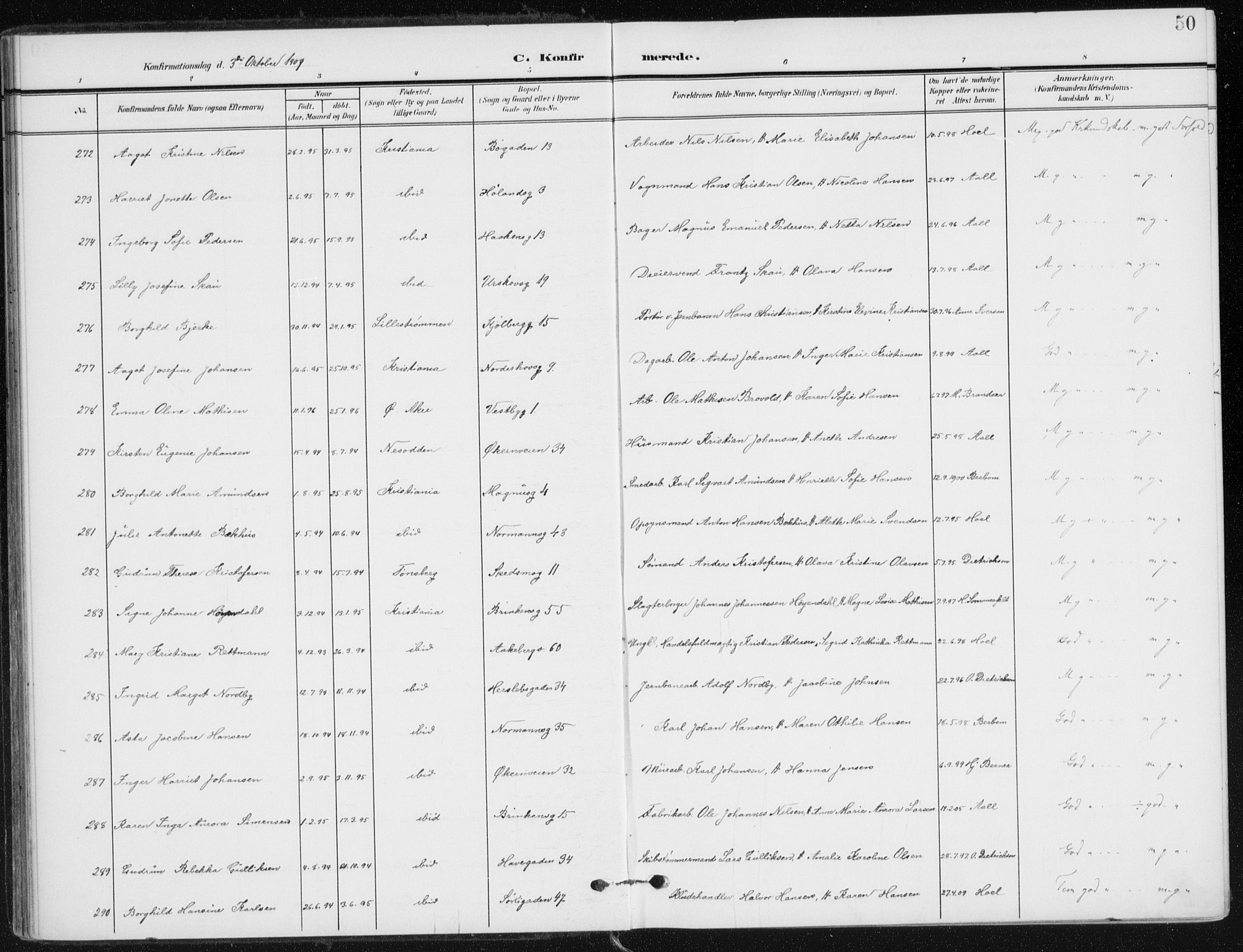 Kampen prestekontor Kirkebøker, AV/SAO-A-10853/F/Fa/L0011: Ministerialbok nr. I 11, 1907-1917, s. 50