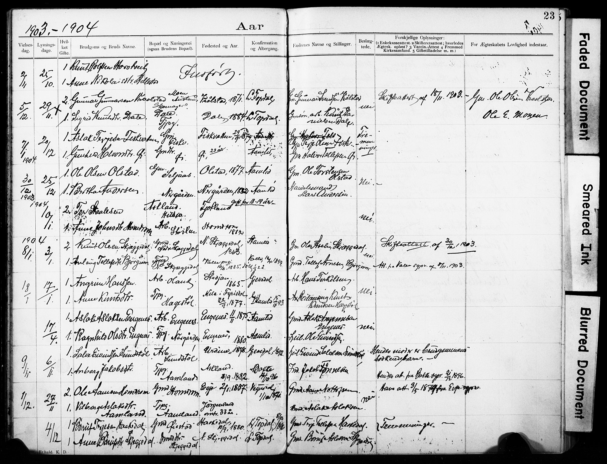 Åmli sokneprestkontor, AV/SAK-1111-0050/F/Fe/L0005: Lysningsprotokoll nr. A VI 42, 1892-1916, s. 23