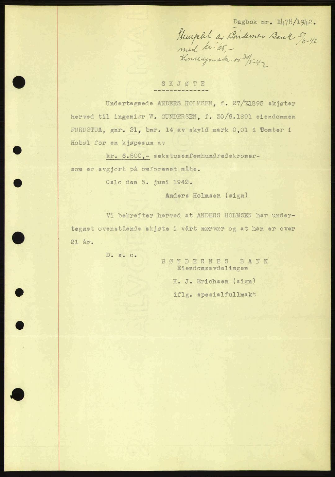 Moss sorenskriveri, SAO/A-10168: Pantebok nr. A10, 1942-1943, Dagboknr: 1478/1942