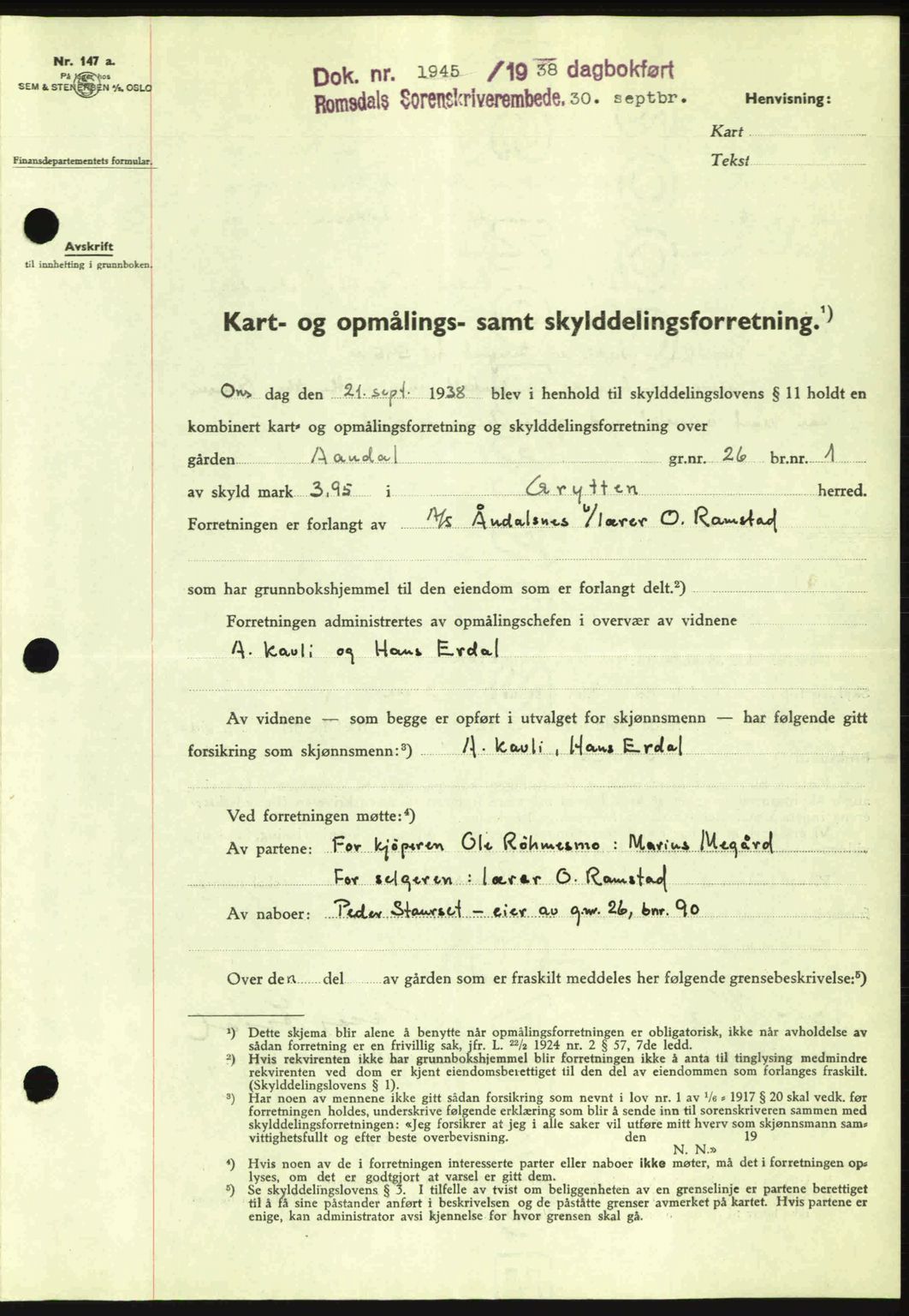 Romsdal sorenskriveri, SAT/A-4149/1/2/2C: Pantebok nr. A5, 1938-1938, Dagboknr: 1945/1938