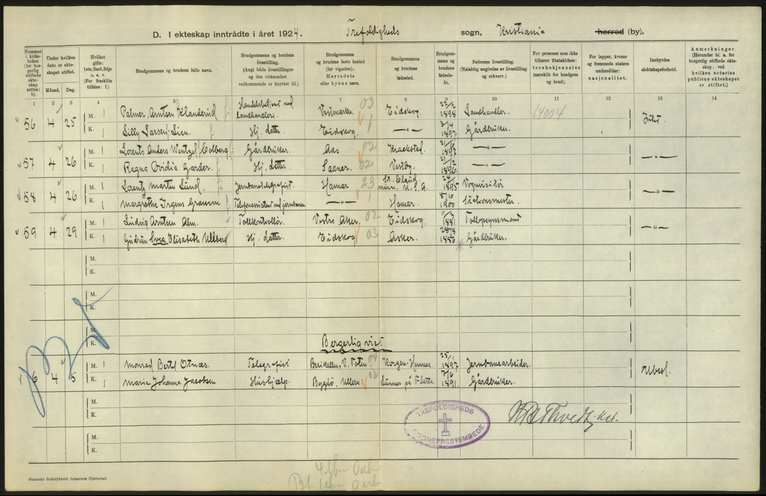 Statistisk sentralbyrå, Sosiodemografiske emner, Befolkning, AV/RA-S-2228/D/Df/Dfc/Dfcd/L0007: Kristiania: Gifte, 1924, s. 18