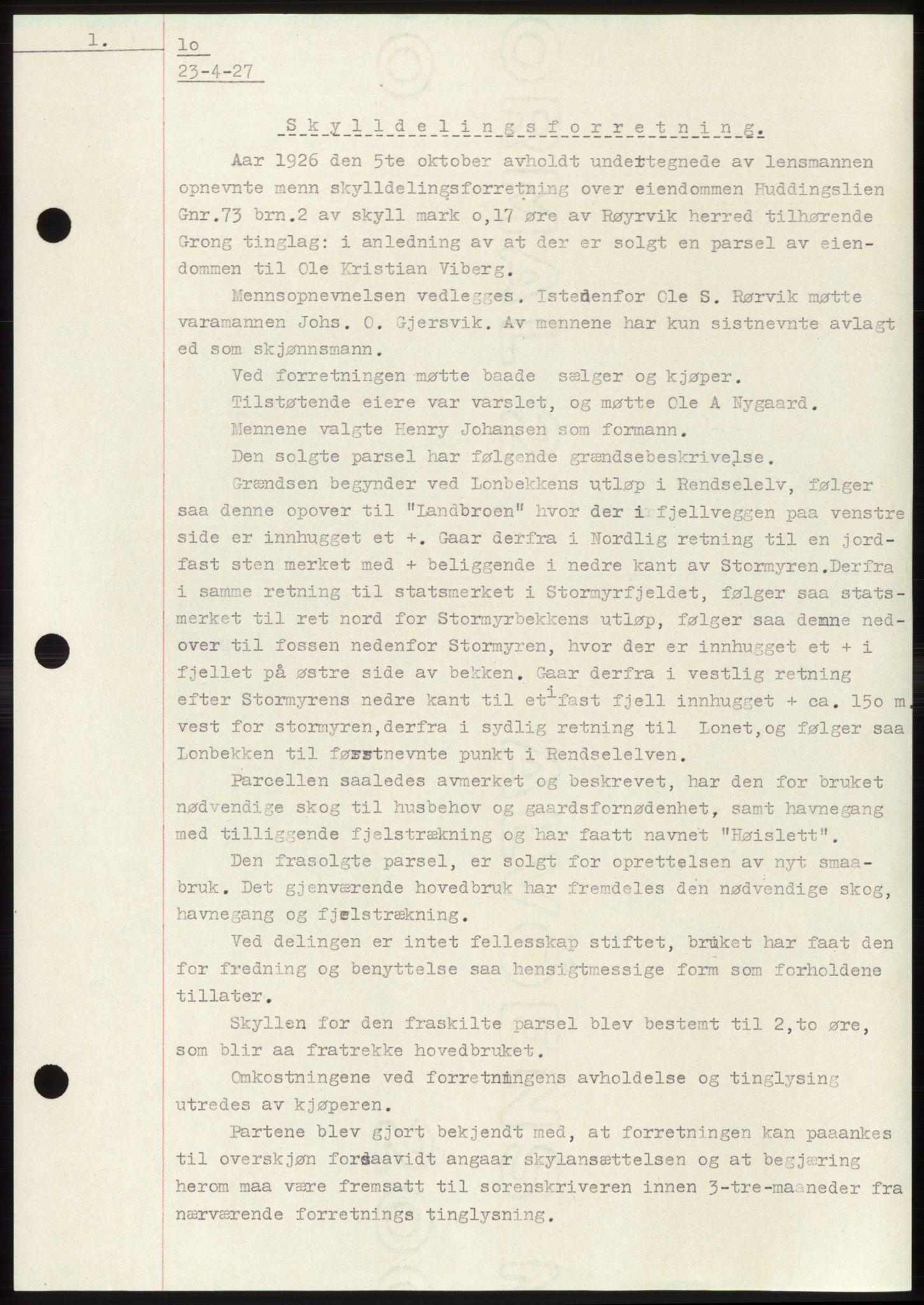 Namdal sorenskriveri, SAT/A-4133/1/2/2C: Pantebok nr. -, 1926-1930, Tingl.dato: 23.04.1927