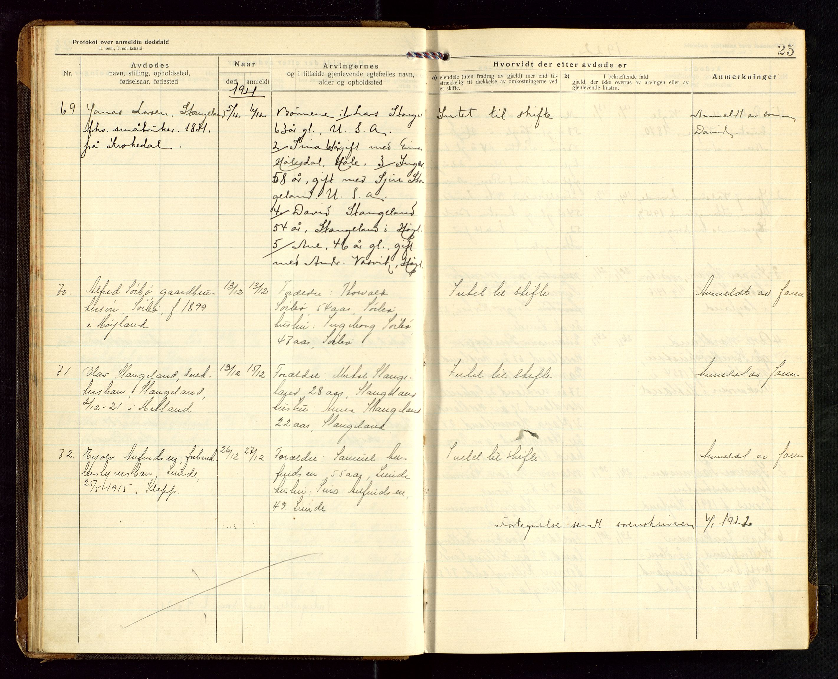 Høyland/Sandnes lensmannskontor, AV/SAST-A-100166/Gga/L0005: "Protkokol over anmeldte dødsfald i Høylands lensmandsdistrikt", 1920-1926, s. 25