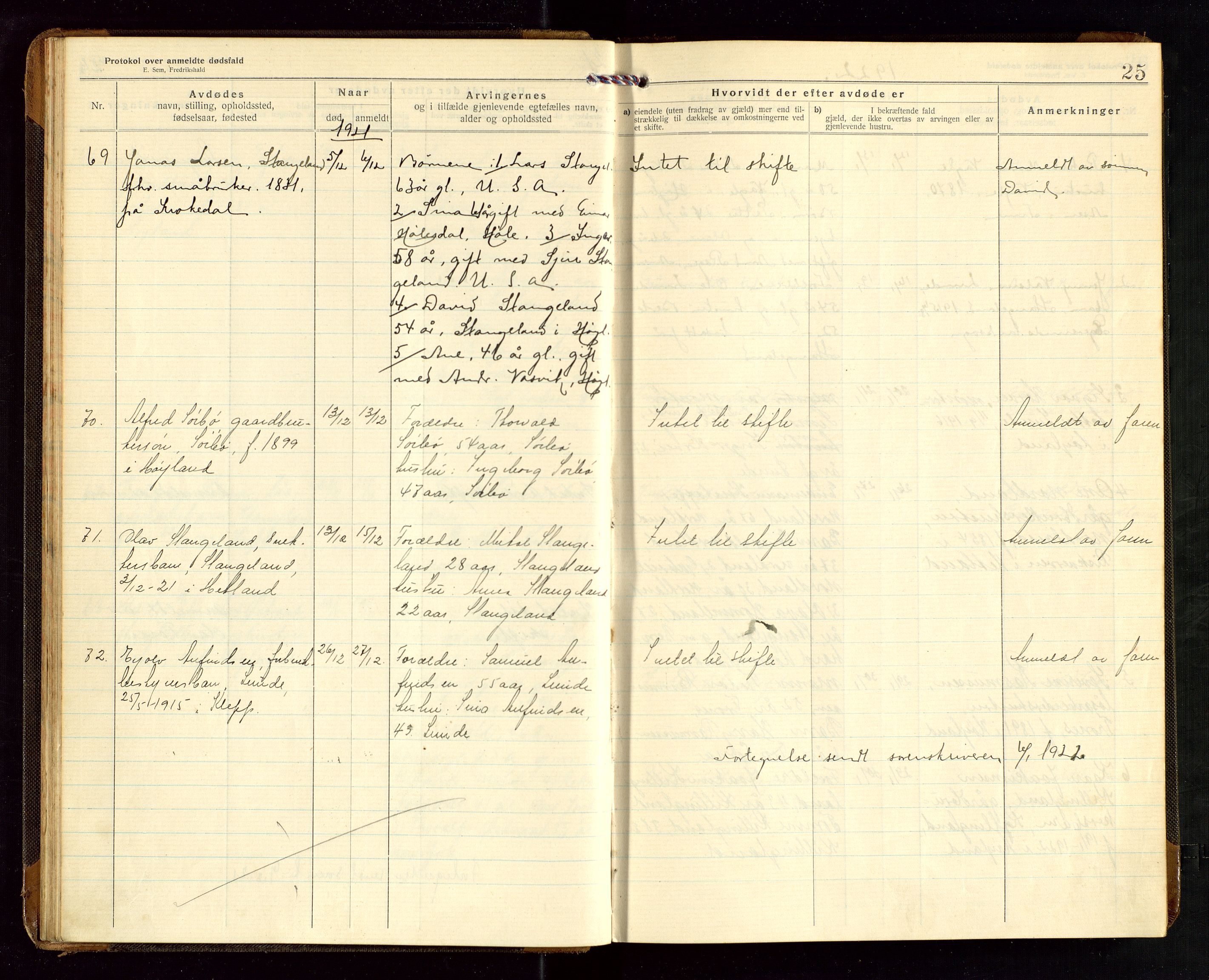 Høyland/Sandnes lensmannskontor, SAST/A-100166/Gga/L0005: "Protkokol over anmeldte dødsfald i Høylands lensmandsdistrikt", 1920-1926, s. 25