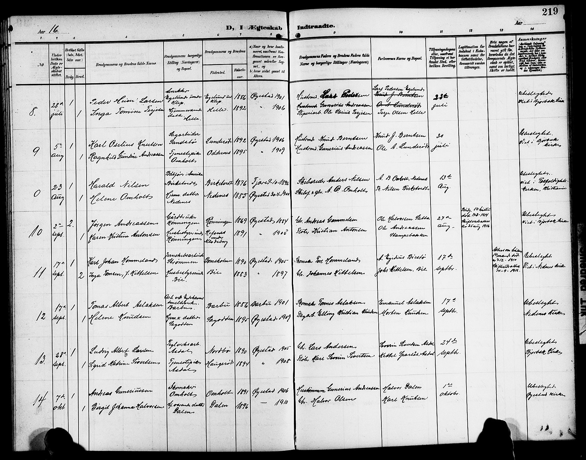 Øyestad sokneprestkontor, AV/SAK-1111-0049/F/Fb/L0011: Klokkerbok nr. B 11, 1906-1918, s. 219