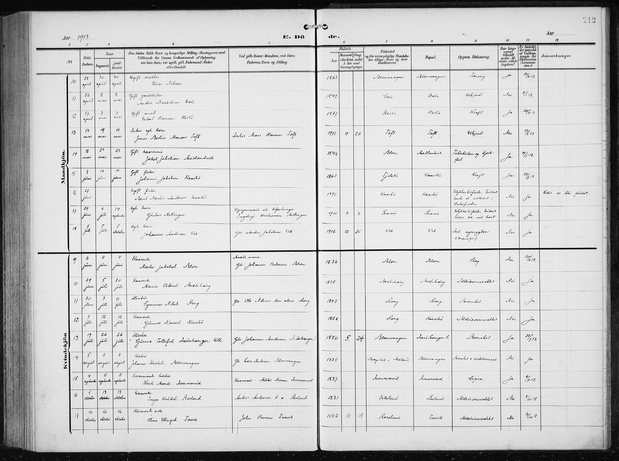 Herdla Sokneprestembete, AV/SAB-A-75701/H/Haa: Ministerialbok nr. A 5, 1905-1918, s. 212