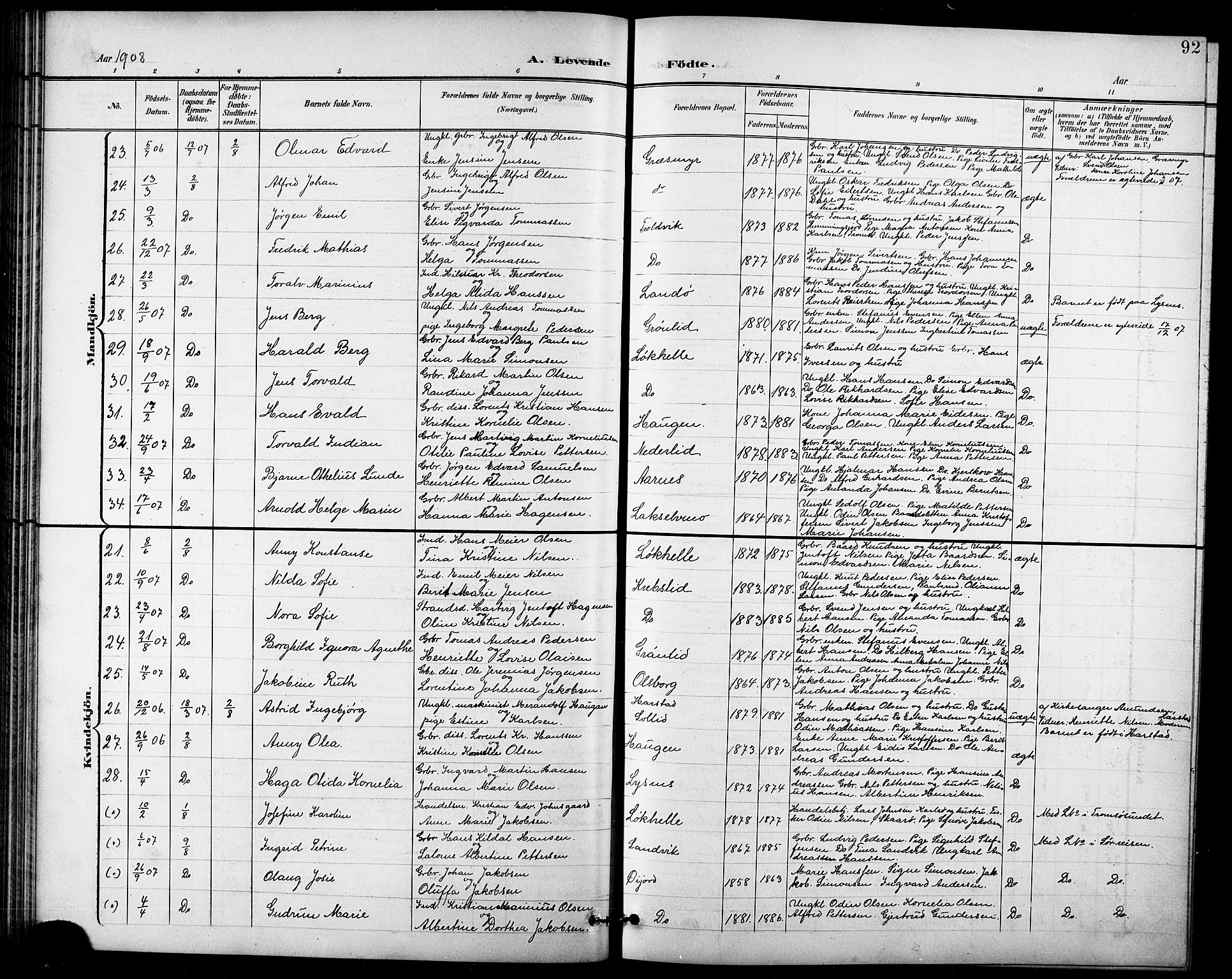 Lenvik sokneprestembete, AV/SATØ-S-1310/H/Ha/Hab/L0008klokker: Klokkerbok nr. 8, 1899-1911, s. 92