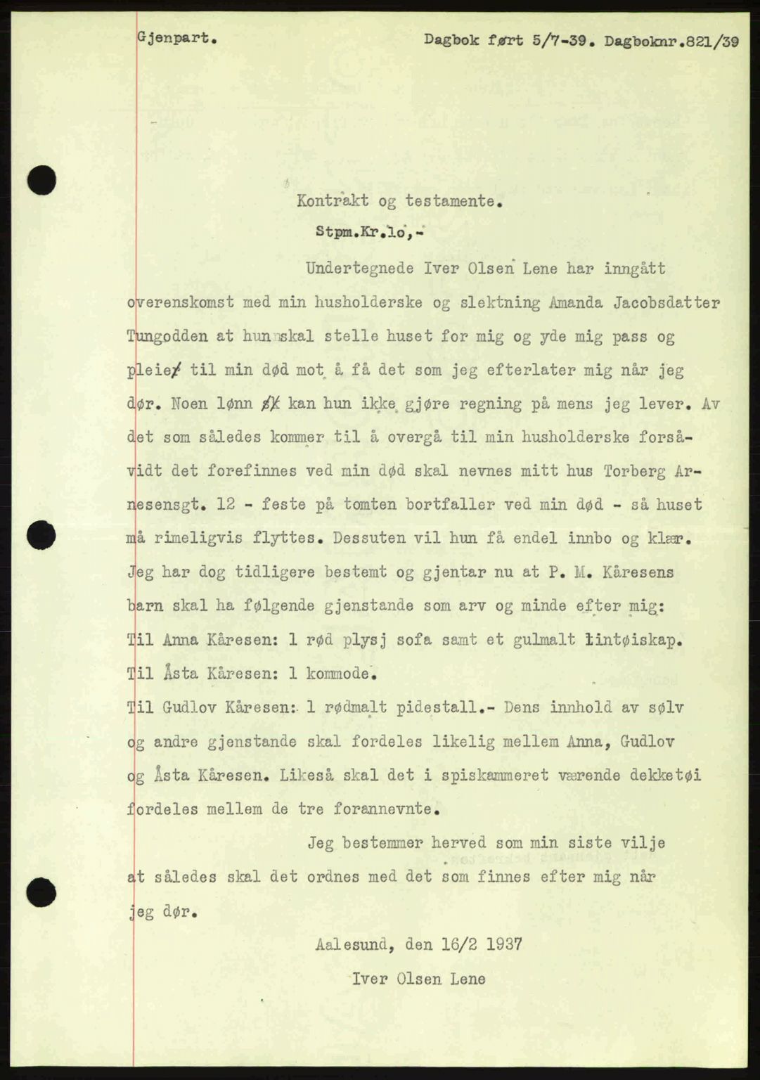 Ålesund byfogd, AV/SAT-A-4384: Pantebok nr. 34 II, 1938-1940, Dagboknr: 821/1939