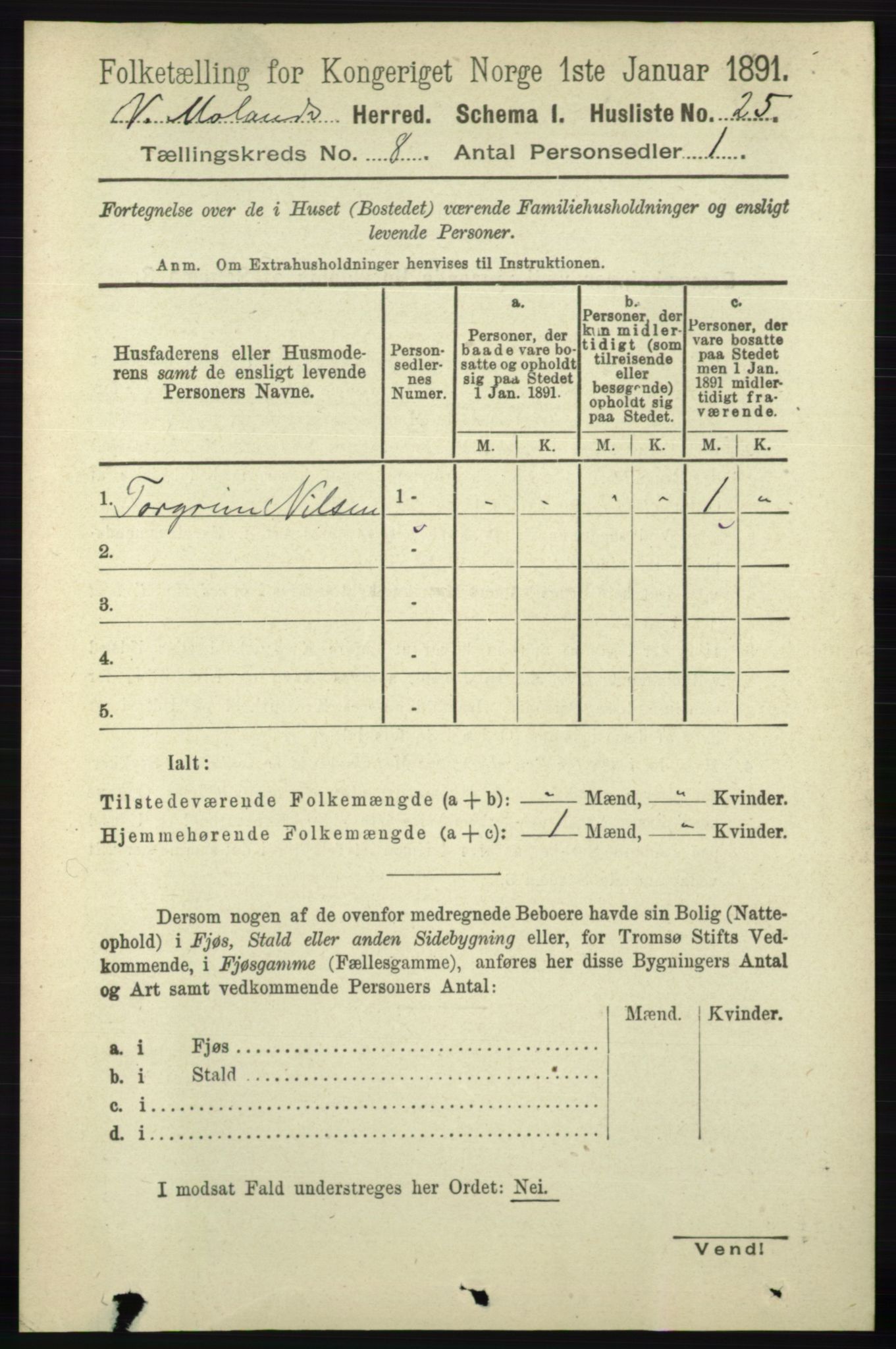 RA, Folketelling 1891 for 0926 Vestre Moland herred, 1891, s. 2994