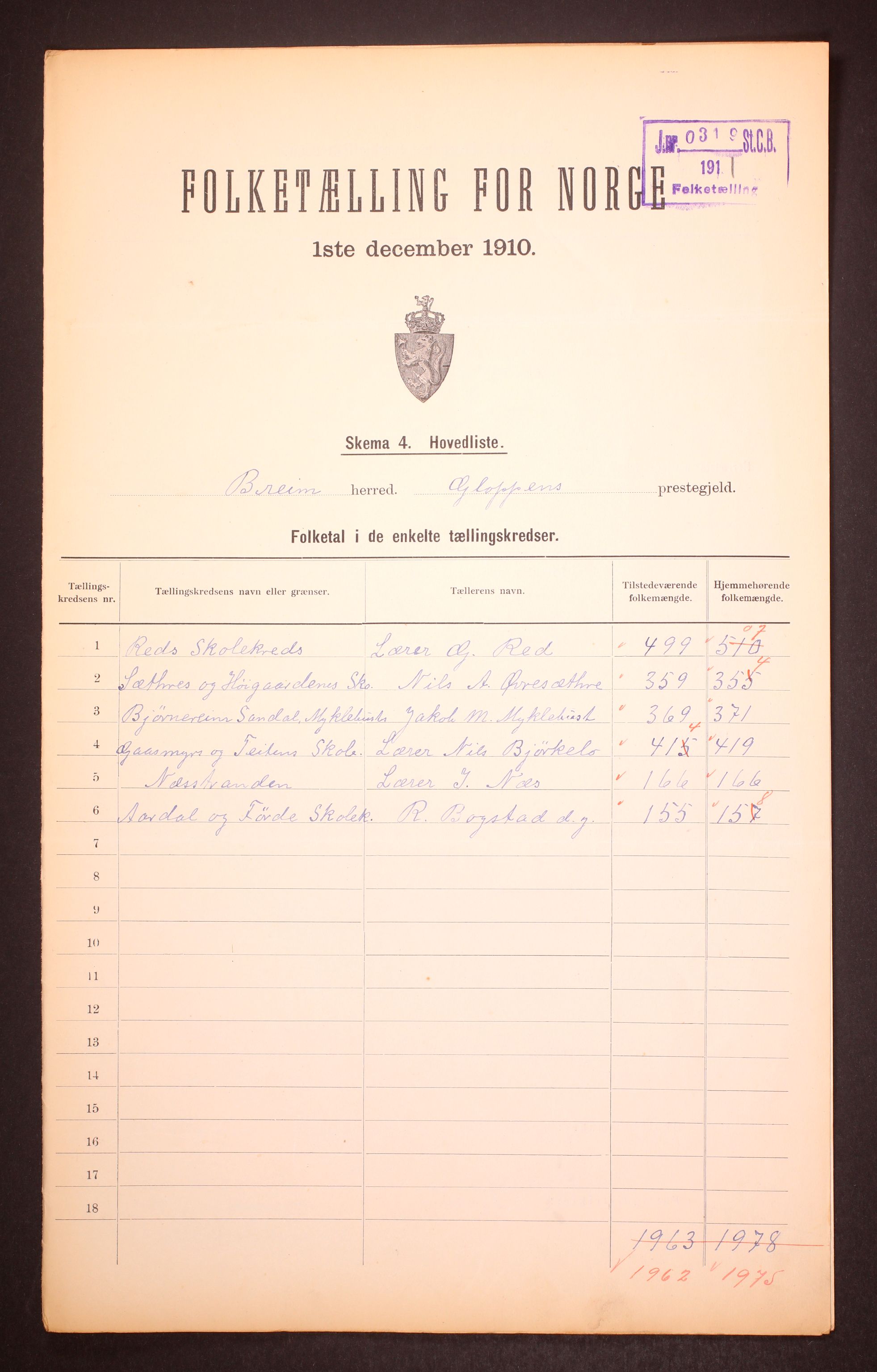 RA, Folketelling 1910 for 1446 Breim herred, 1910, s. 2