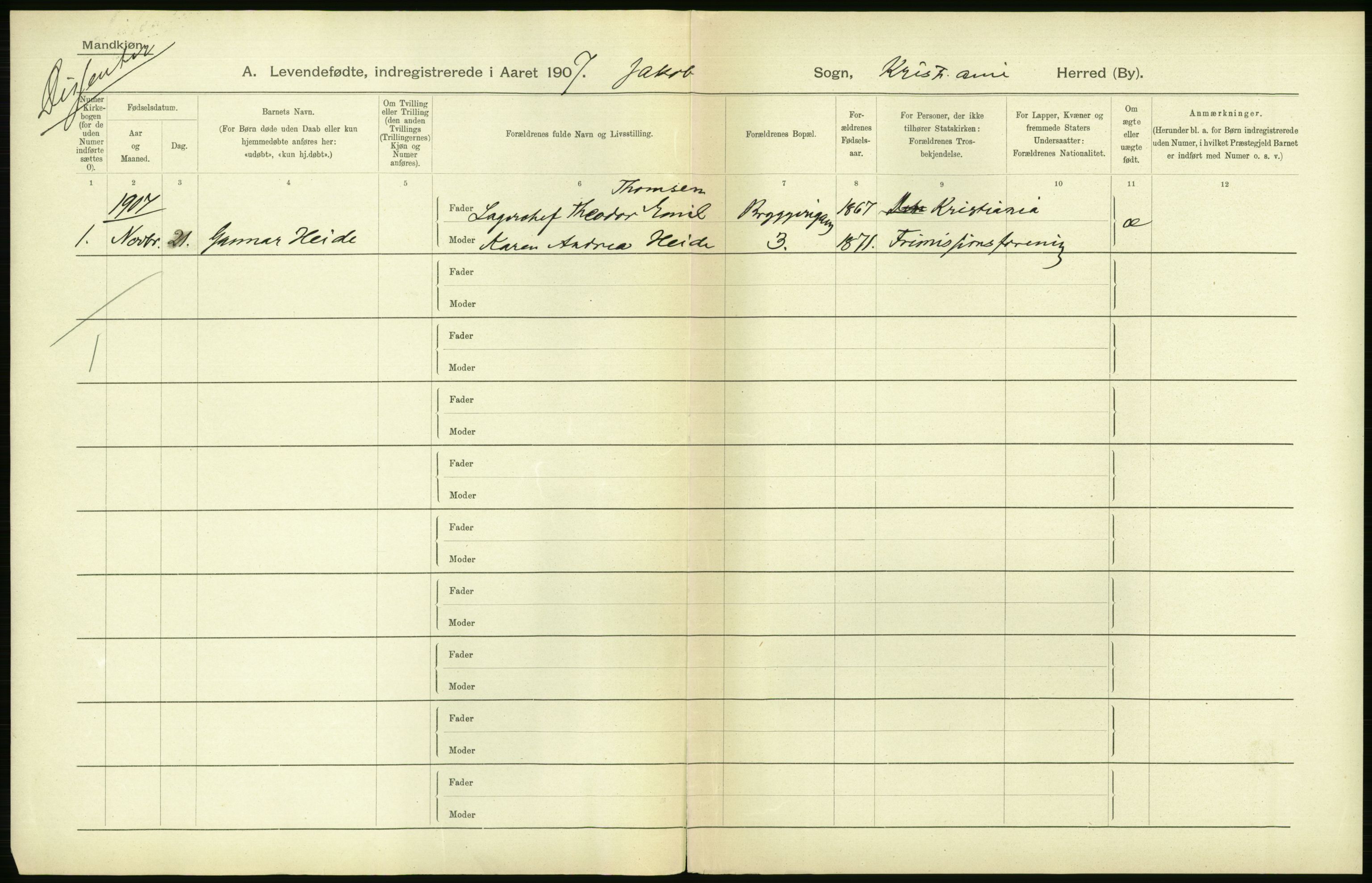 Statistisk sentralbyrå, Sosiodemografiske emner, Befolkning, AV/RA-S-2228/D/Df/Dfa/Dfae/L0007: Kristiania: Levendefødte menn og kvinner., 1907, s. 368