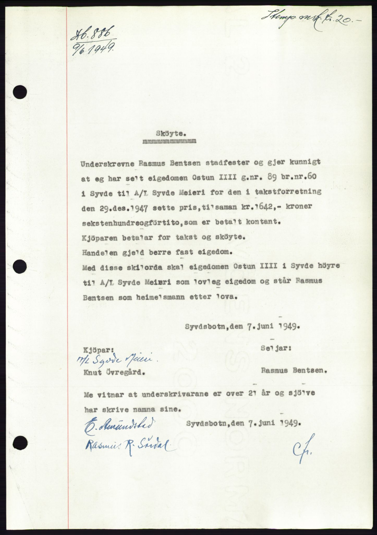 Søre Sunnmøre sorenskriveri, SAT/A-4122/1/2/2C/L0084: Pantebok nr. 10A, 1949-1949, Dagboknr: 886/1949