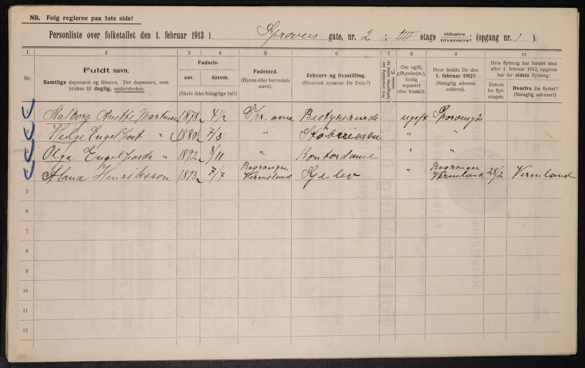 OBA, Kommunal folketelling 1.2.1913 for Kristiania, 1913, s. 100443