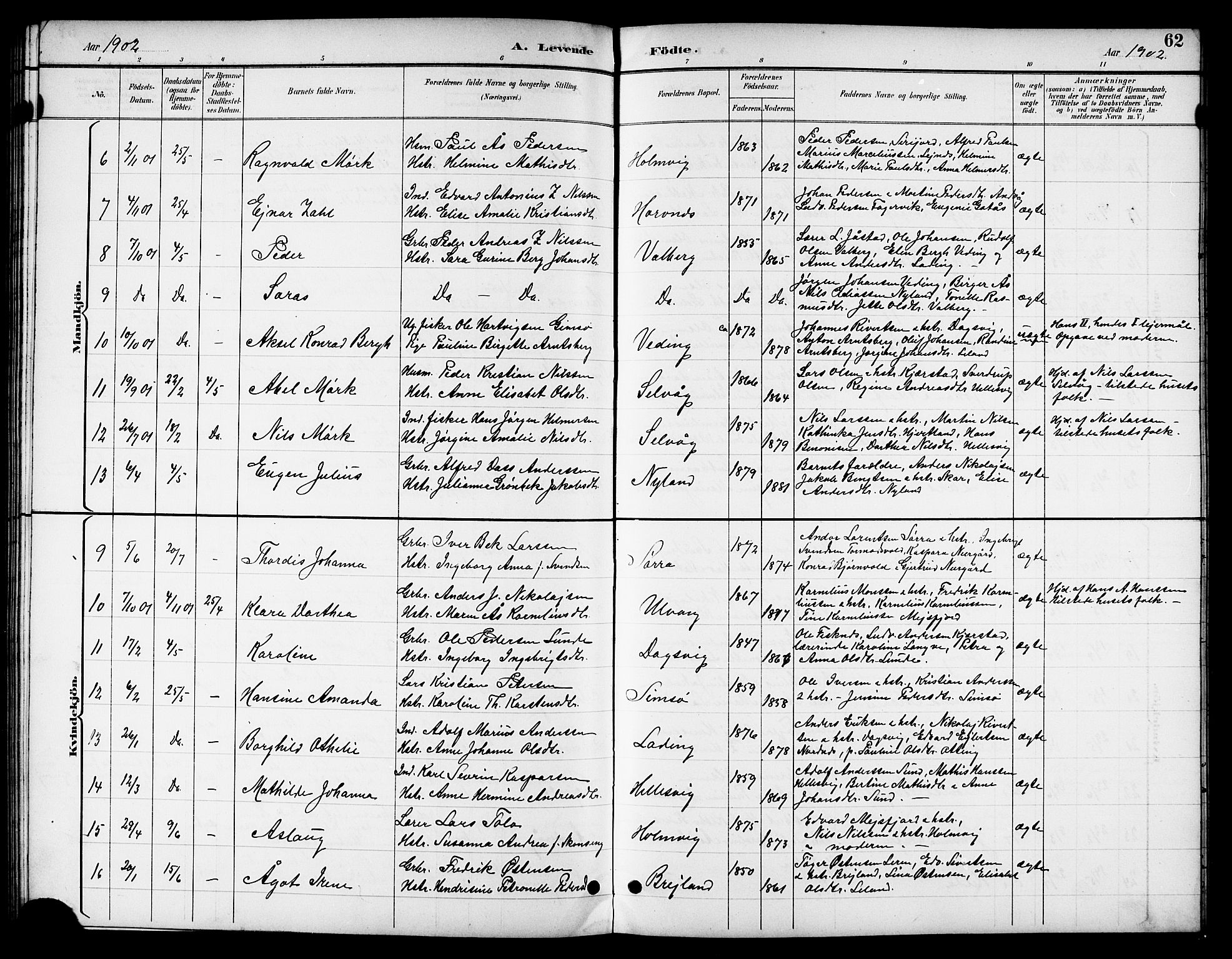 Ministerialprotokoller, klokkerbøker og fødselsregistre - Nordland, SAT/A-1459/831/L0478: Klokkerbok nr. 831C05, 1892-1909, s. 62