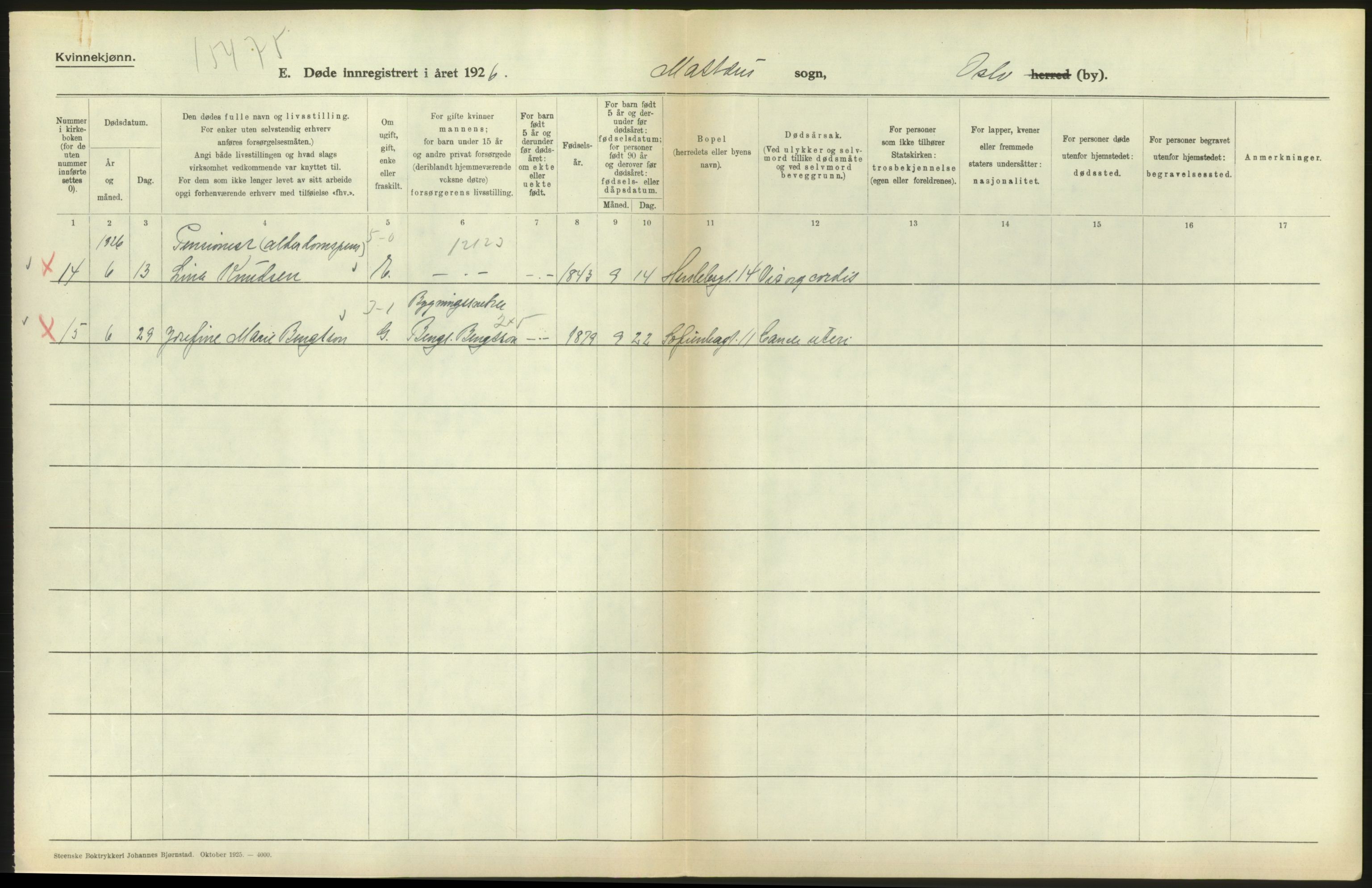 Statistisk sentralbyrå, Sosiodemografiske emner, Befolkning, AV/RA-S-2228/D/Df/Dfc/Dfcf/L0010: Oslo: Døde kvinner, dødfødte, 1926, s. 542