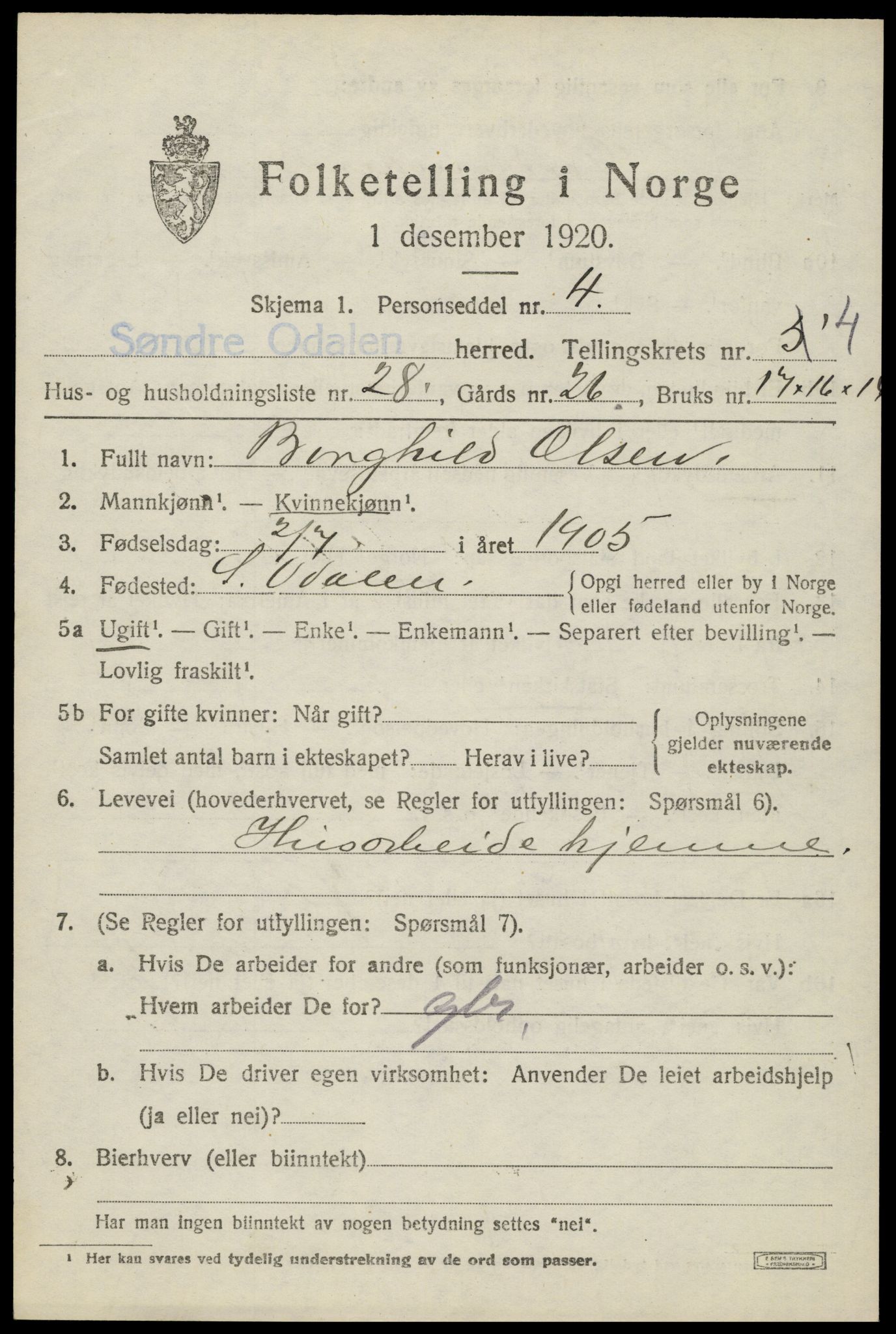 SAH, Folketelling 1920 for 0419 Sør-Odal herred, 1920, s. 5291