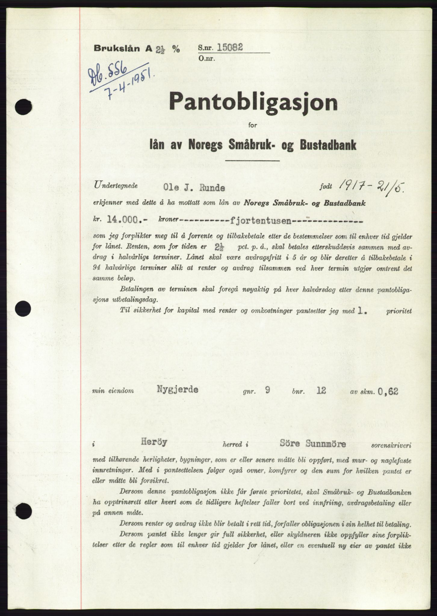 Søre Sunnmøre sorenskriveri, SAT/A-4122/1/2/2C/L0119: Pantebok nr. 7B, 1950-1951, Dagboknr: 556/1951