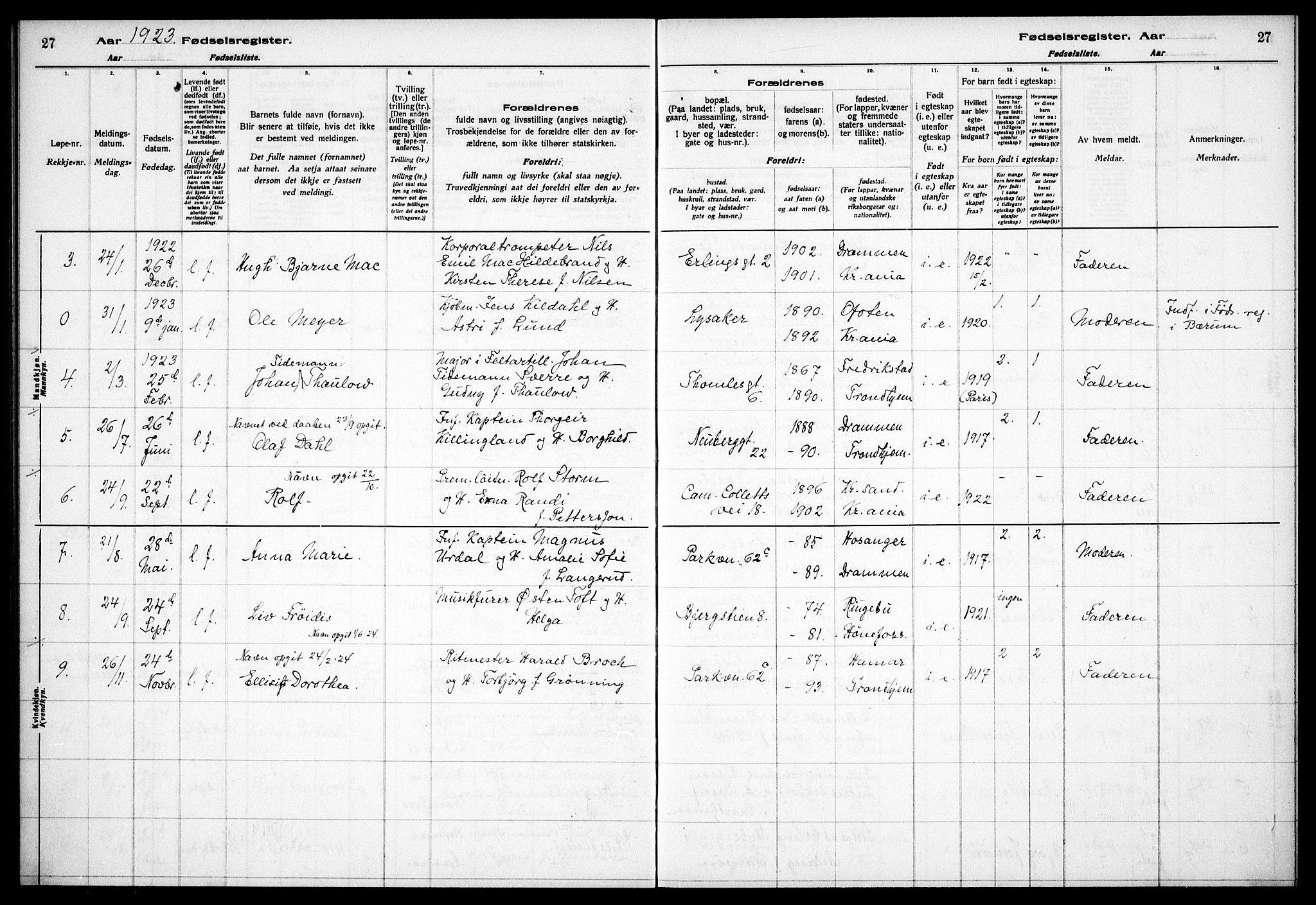 Garnisonsmenigheten Kirkebøker, AV/SAO-A-10846/J/Ja/L0001: Fødselsregister nr. 1, 1916-1938, s. 27