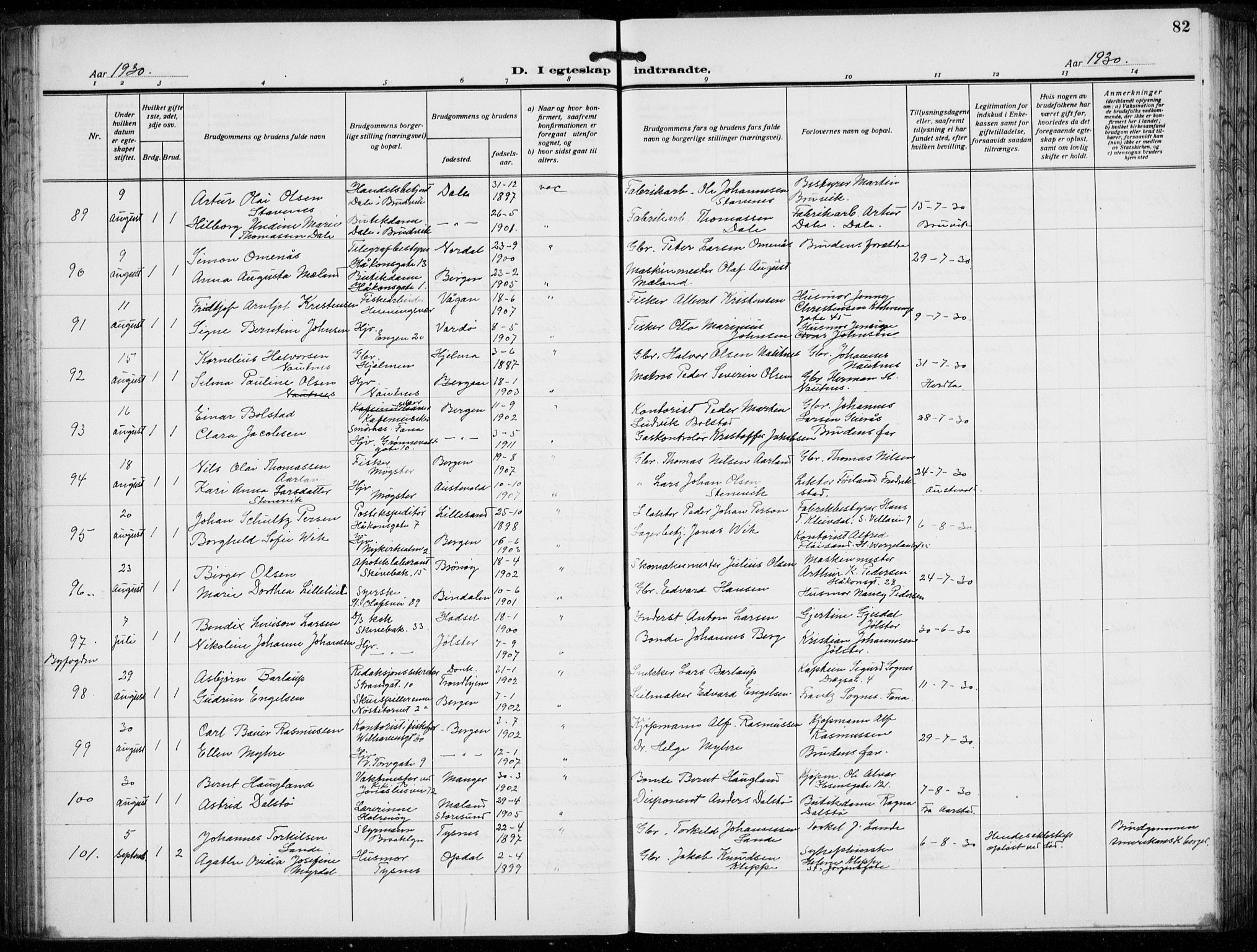 Domkirken sokneprestembete, AV/SAB-A-74801/H/Hab/L0034: Klokkerbok nr. D 6, 1924-1941, s. 82