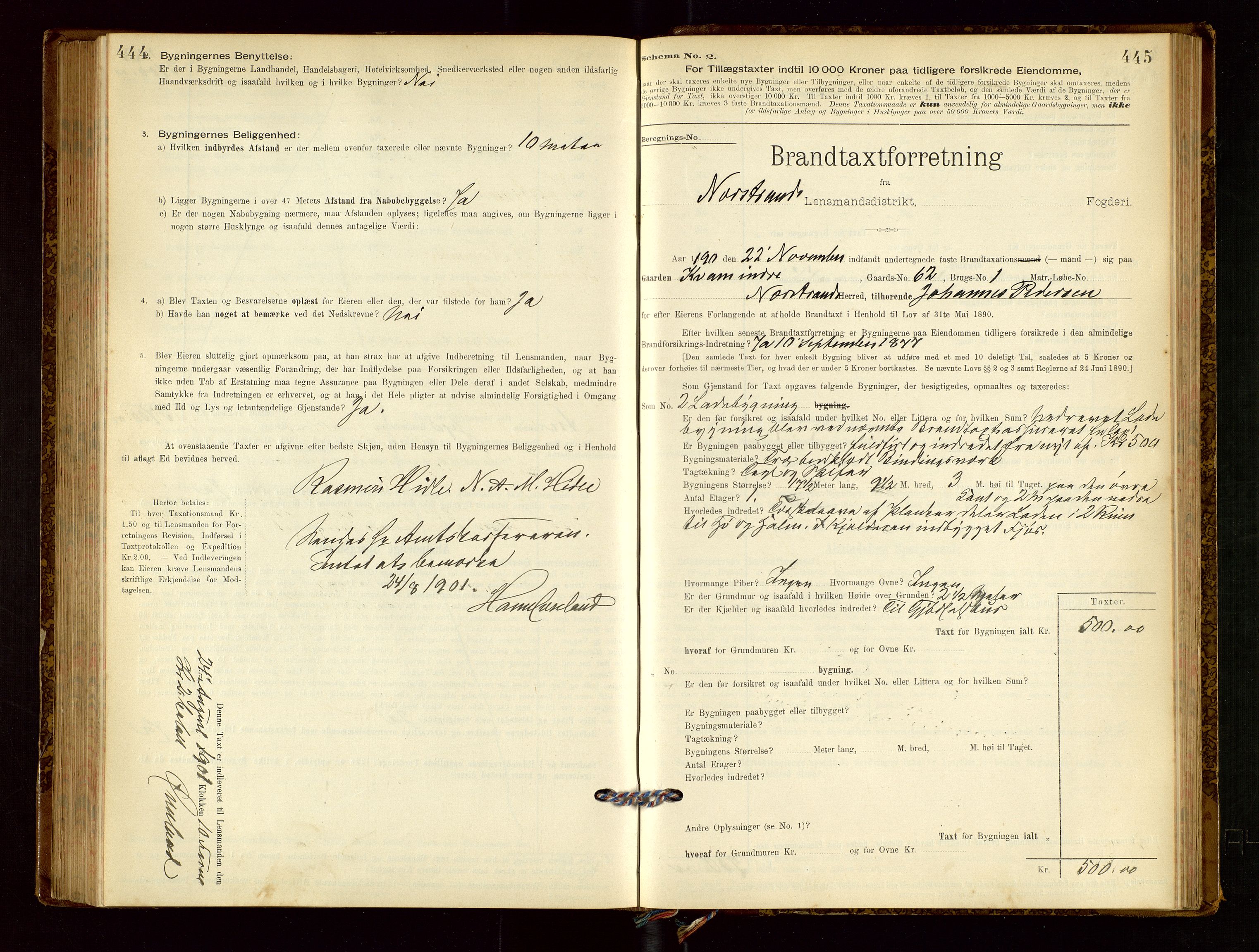 Nedstrand lensmannskontor, SAST/A-100236/Gob/L0001: "Brandtaxationsprotokol for Nerstrand Lensmandsdistrikt Ryfylke fogderi", 1895-1915, s. 444-445