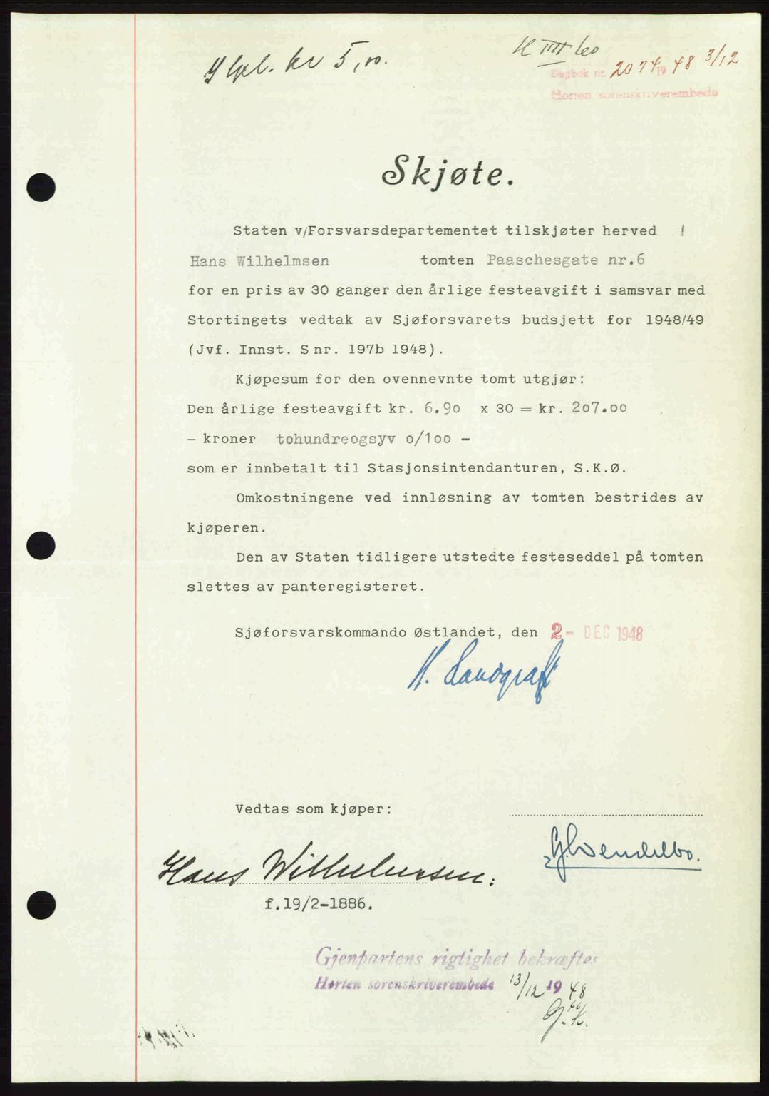 Horten sorenskriveri, SAKO/A-133/G/Ga/Gaa/L0011: Pantebok nr. A-11, 1948-1948, Dagboknr: 2074/1948