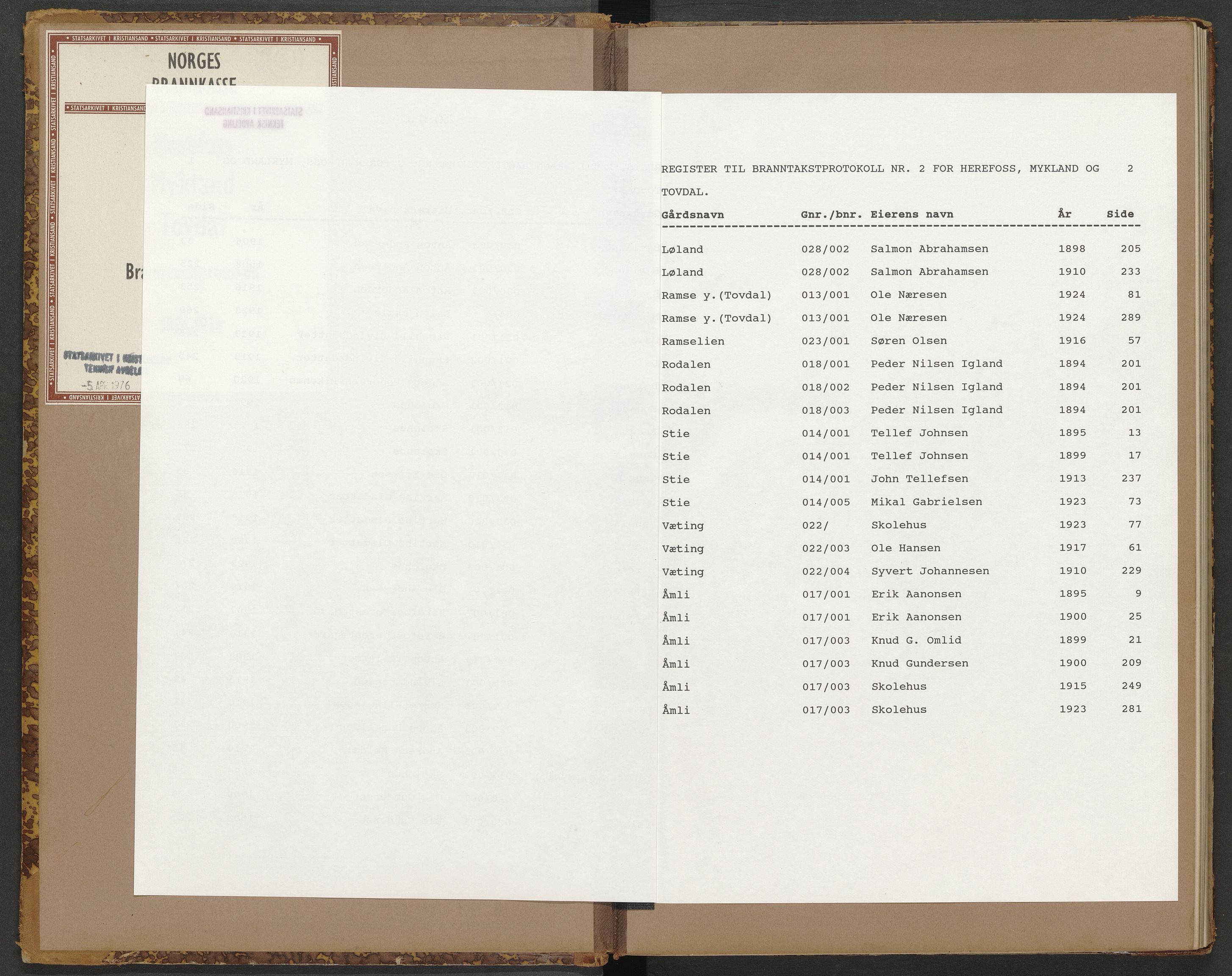 Norges Brannkasse Herefoss, AV/SAK-2241-0022/F/Fa/L0002: Branntakstprotokoll nr. 2 med gårdsnavnregister, 1894-1924