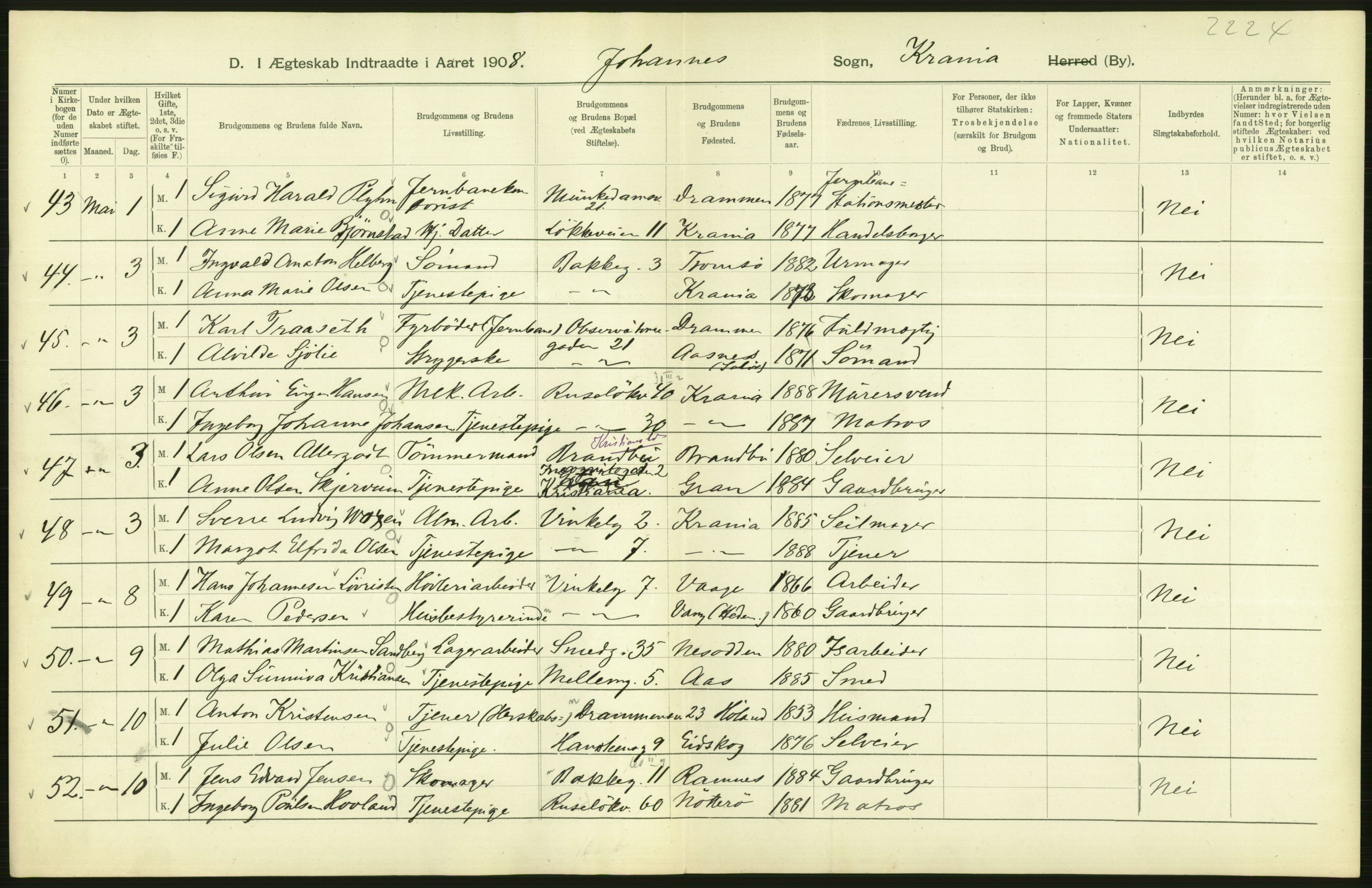 Statistisk sentralbyrå, Sosiodemografiske emner, Befolkning, AV/RA-S-2228/D/Df/Dfa/Dfaf/L0007: Kristiania: Gifte, 1908, s. 360