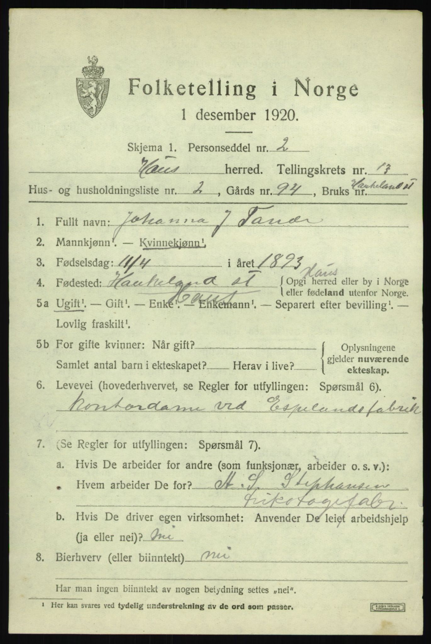 SAB, Folketelling 1920 for 1250 Haus herred, 1920, s. 7953