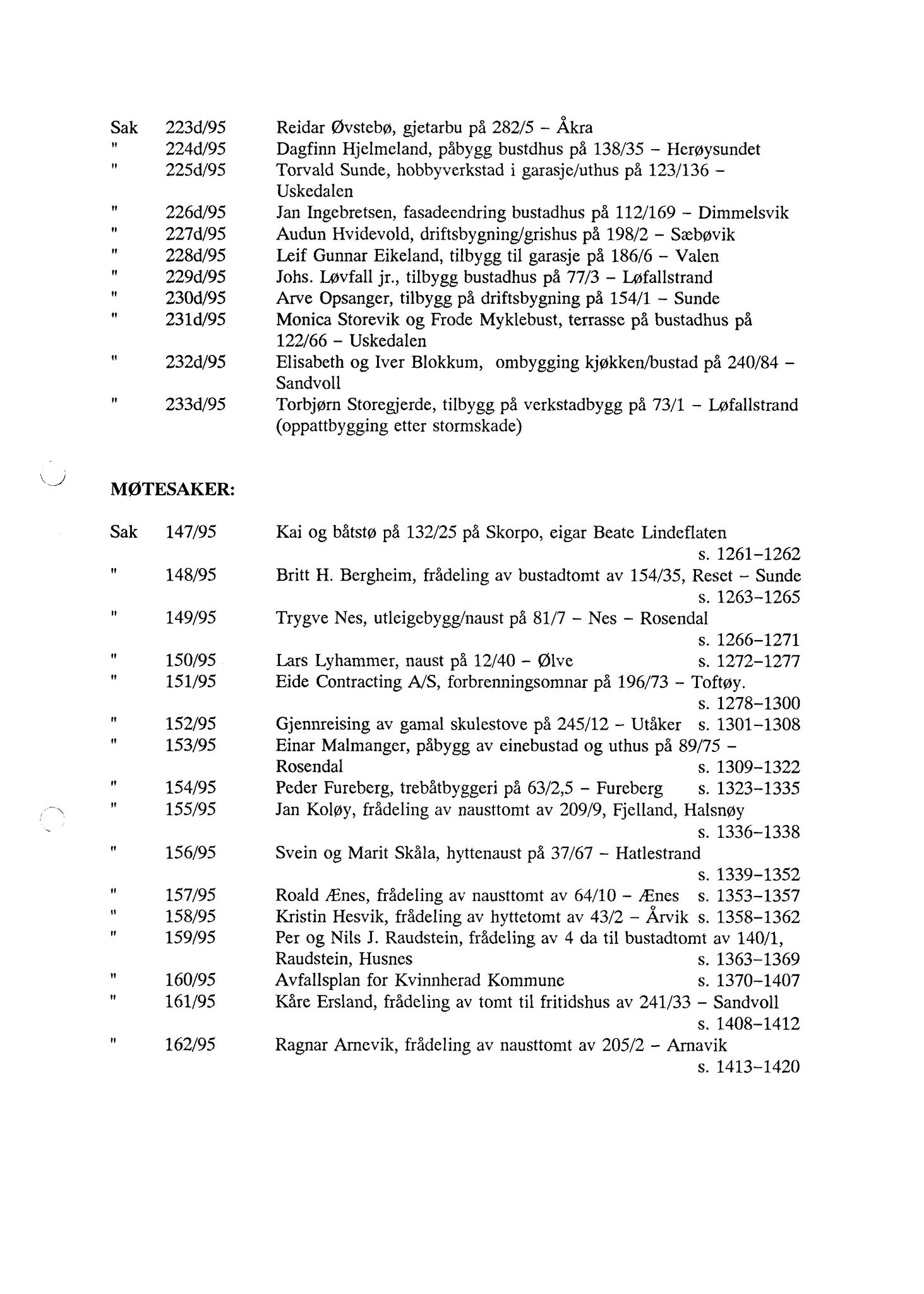 Kvinnherad kommune. Bygningsrådet , IKAH/1224-511/A/Aa/L0093: Møtebok for Kvinnherad bygningsråd, 1995