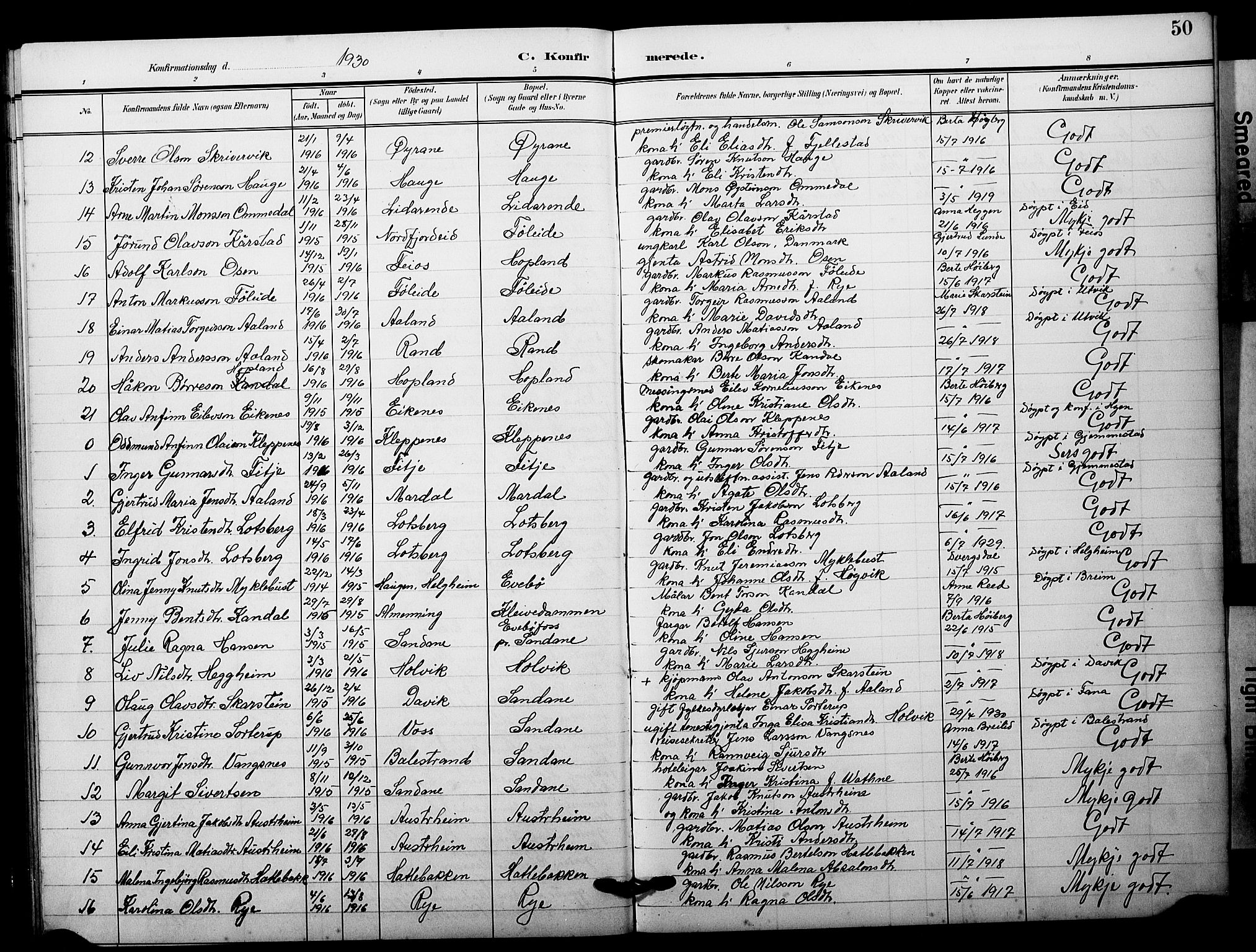 Gloppen sokneprestembete, AV/SAB-A-80101/H/Hab/Habb/L0004: Klokkerbok nr. B 4, 1905-1930, s. 50