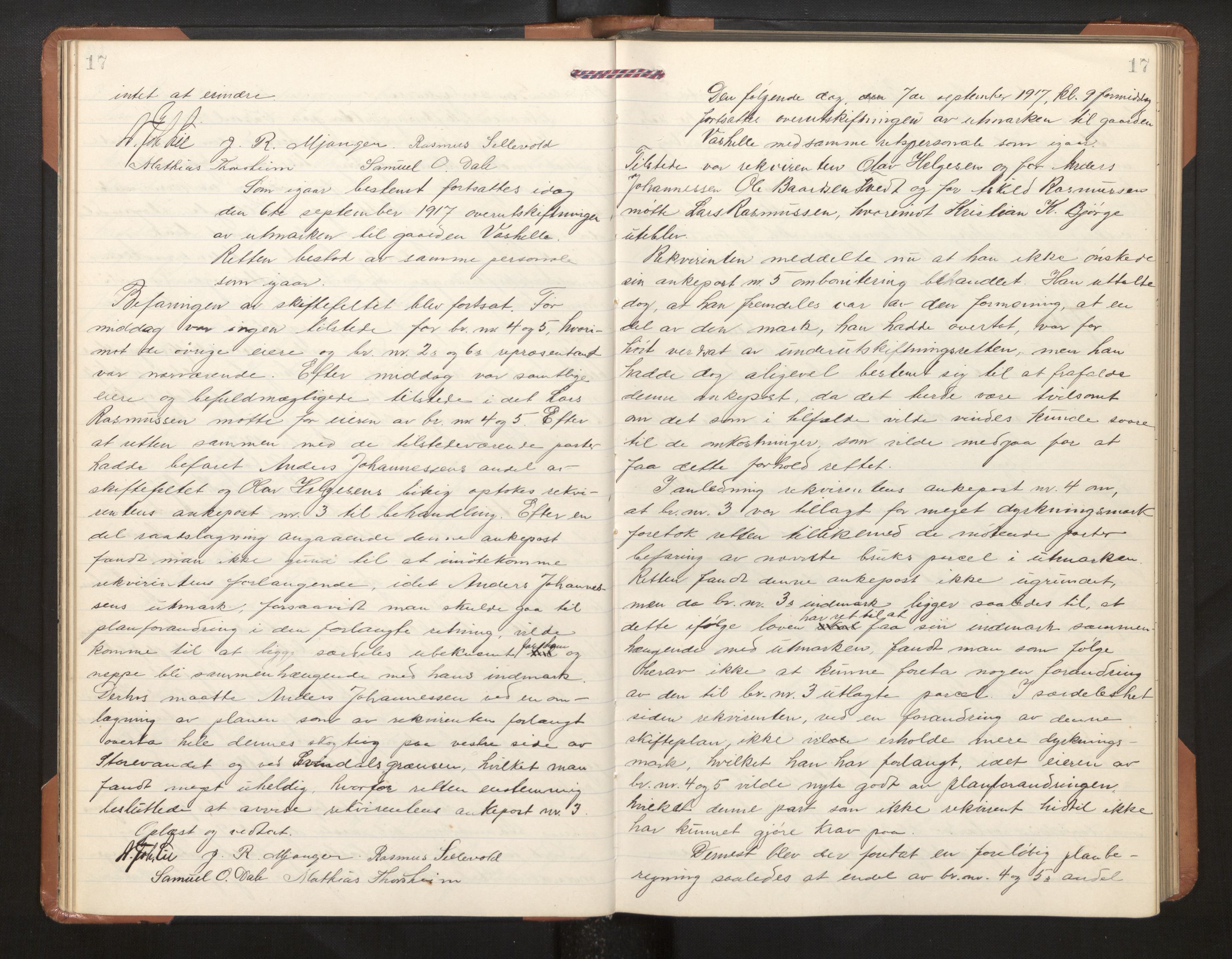 Hordaland jordskiftedøme - II Ytre Nordhordland jordskiftedistrikt, AV/SAB-A-6901/A/Aa/L0030: Forhandlingsprotokoll, 1917-1919, s. 17