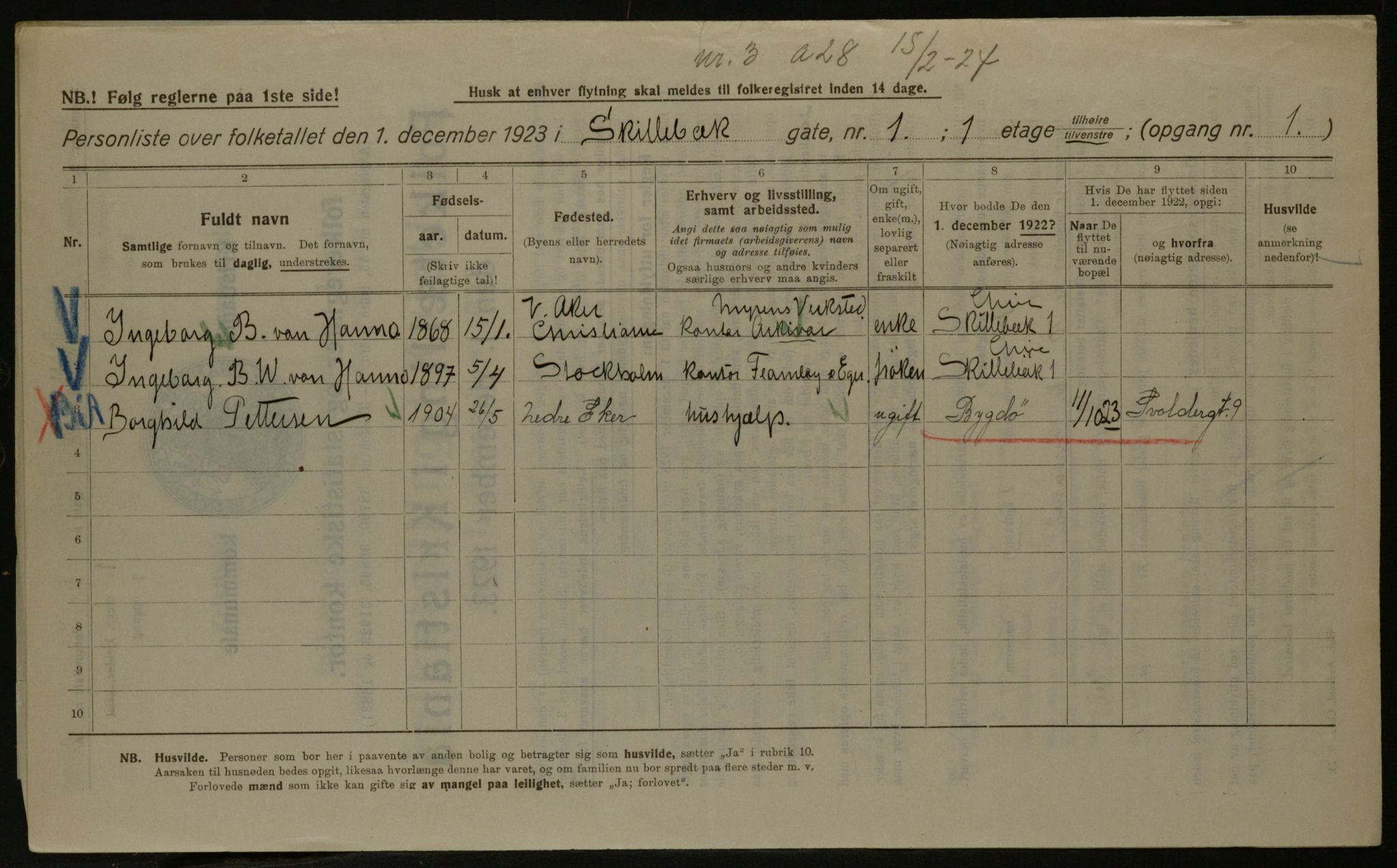 OBA, Kommunal folketelling 1.12.1923 for Kristiania, 1923, s. 105744