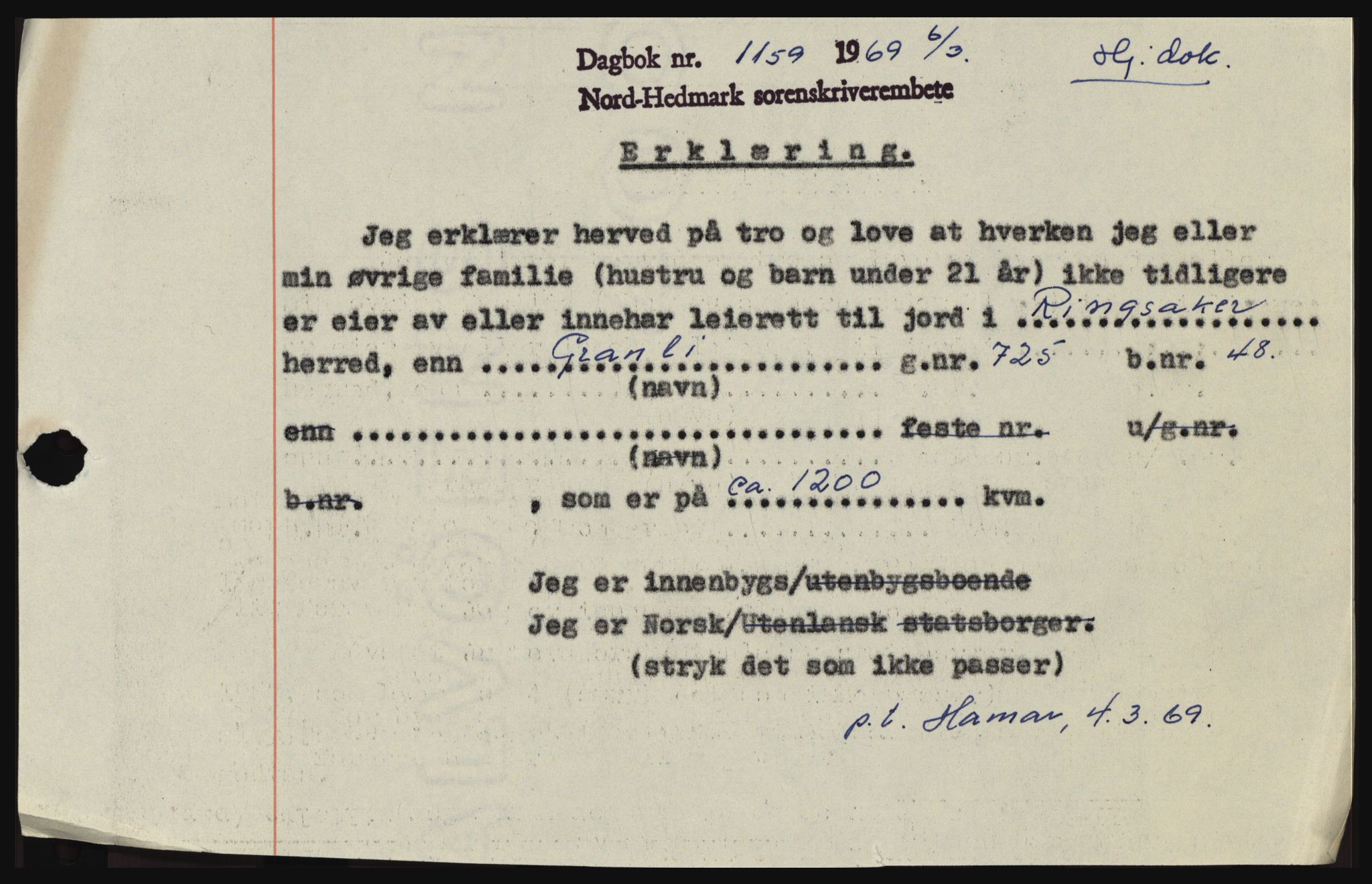 Nord-Hedmark sorenskriveri, SAH/TING-012/H/Hc/L0030: Pantebok nr. 30, 1969-1969, Dagboknr: 1159/1969