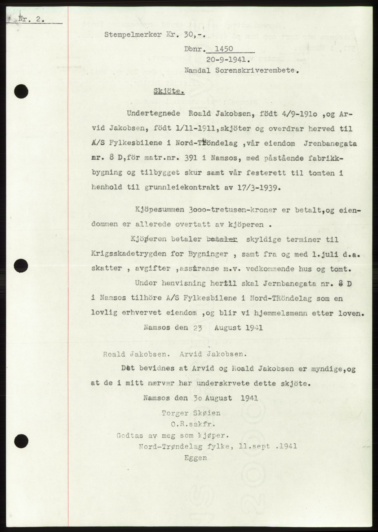 Namdal sorenskriveri, SAT/A-4133/1/2/2C: Pantebok nr. -, 1941-1942, Dagboknr: 1450/1941