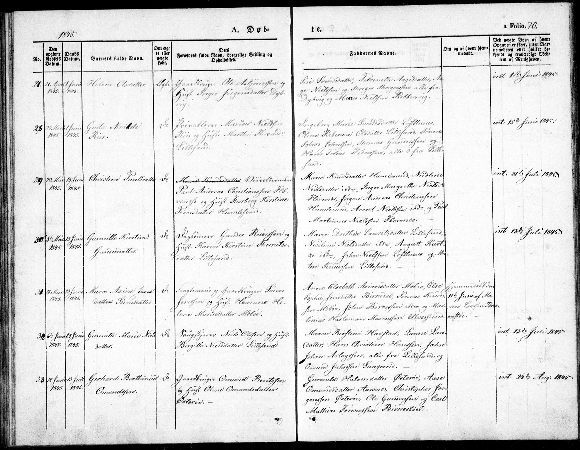 Vestre Moland sokneprestkontor, AV/SAK-1111-0046/F/Fb/Fbb/L0002: Klokkerbok nr. B 2, 1836-1851, s. 70